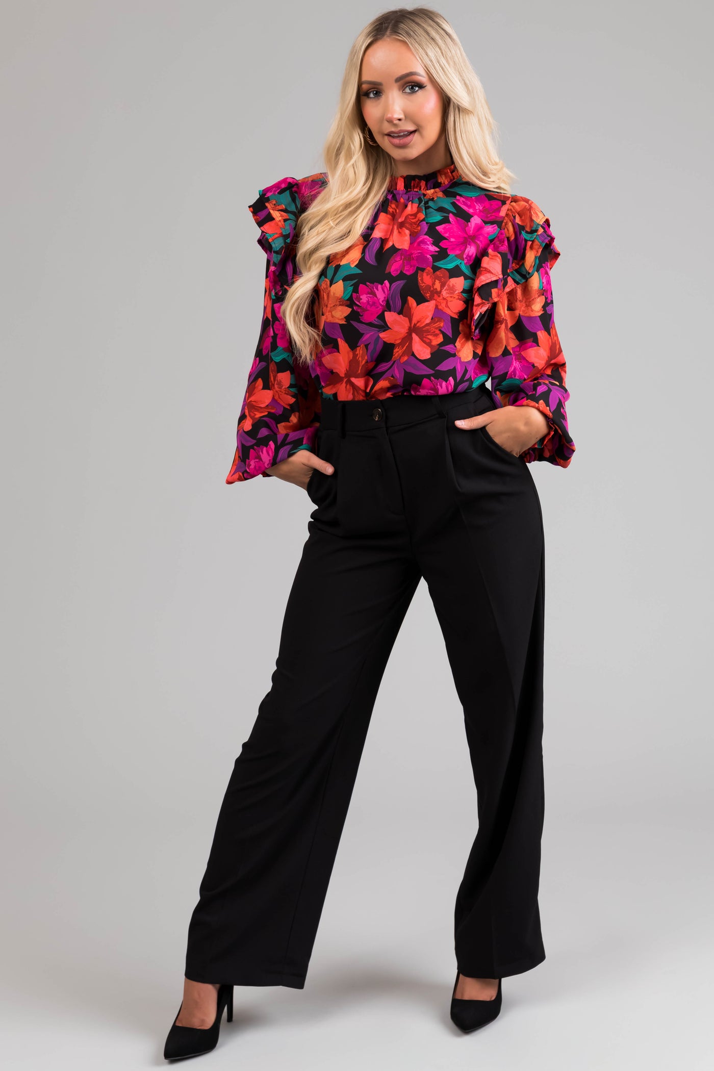 Flying Tomato Black Floral Print Ruffle Top