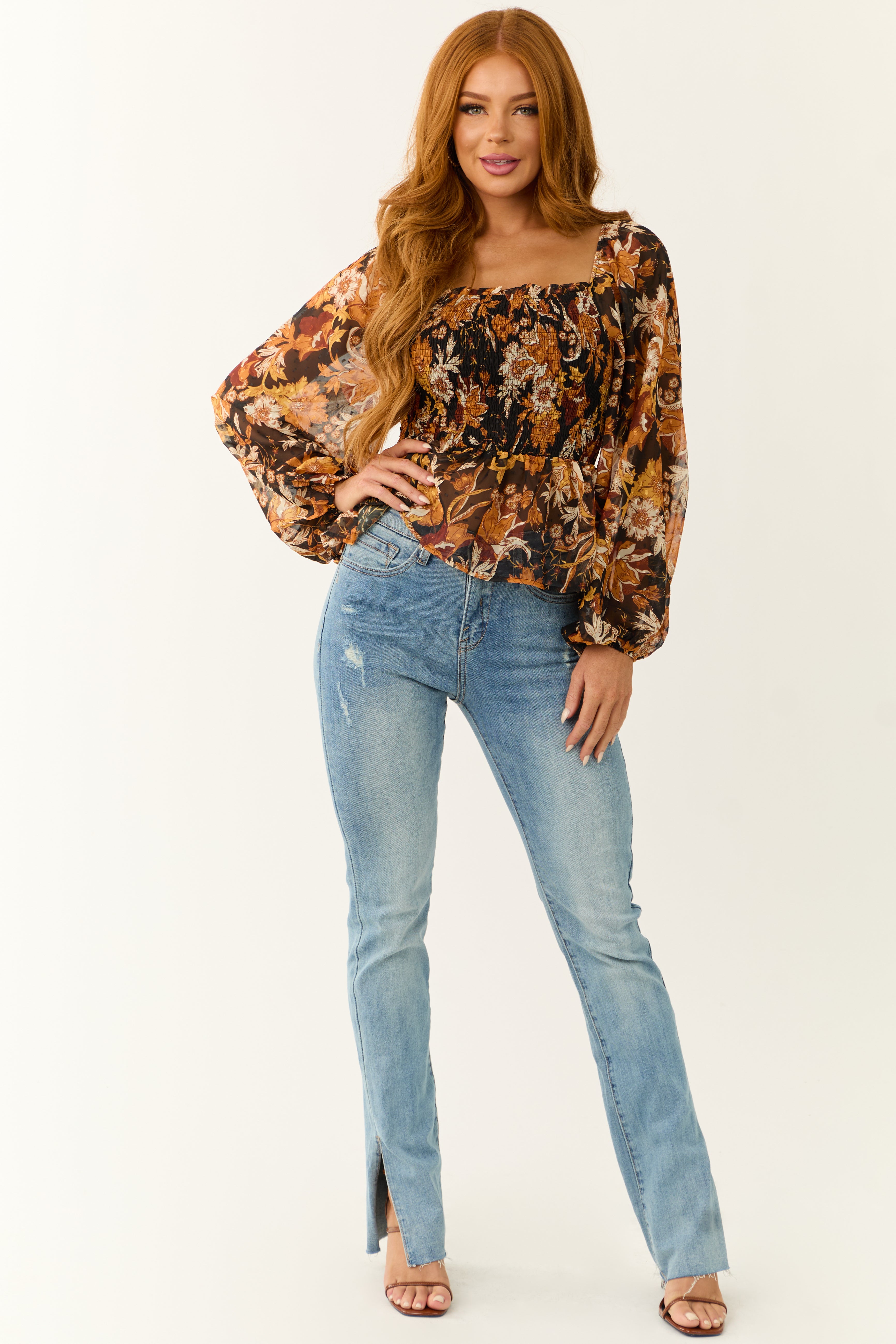 Flying Tomato Black Floral Print Smocked Top