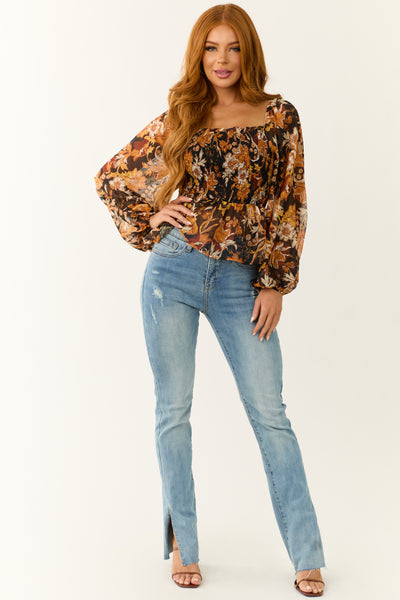 Flying Tomato Black Floral Print Smocked Top