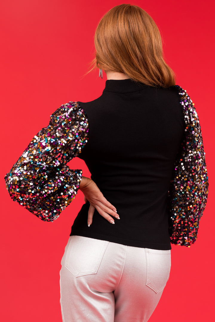 Flying Tomato Black Multicolor Sequin Sleeve Sweater