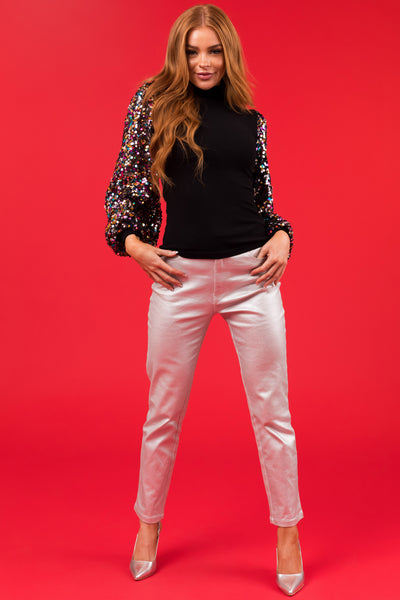 Flying Tomato Black Multicolor Sequin Sleeve Sweater