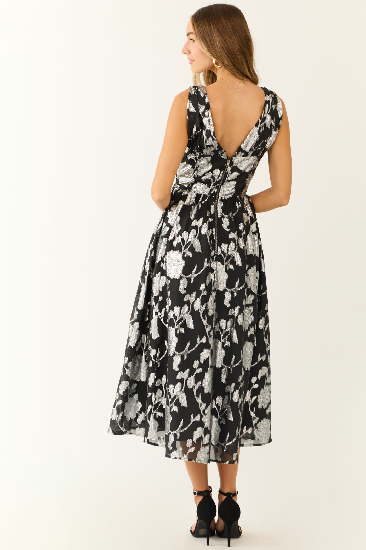 Flying Tomato Black and Silver Floral Midi Dress Flying Tomato Black and Silver Floral Midi Dress