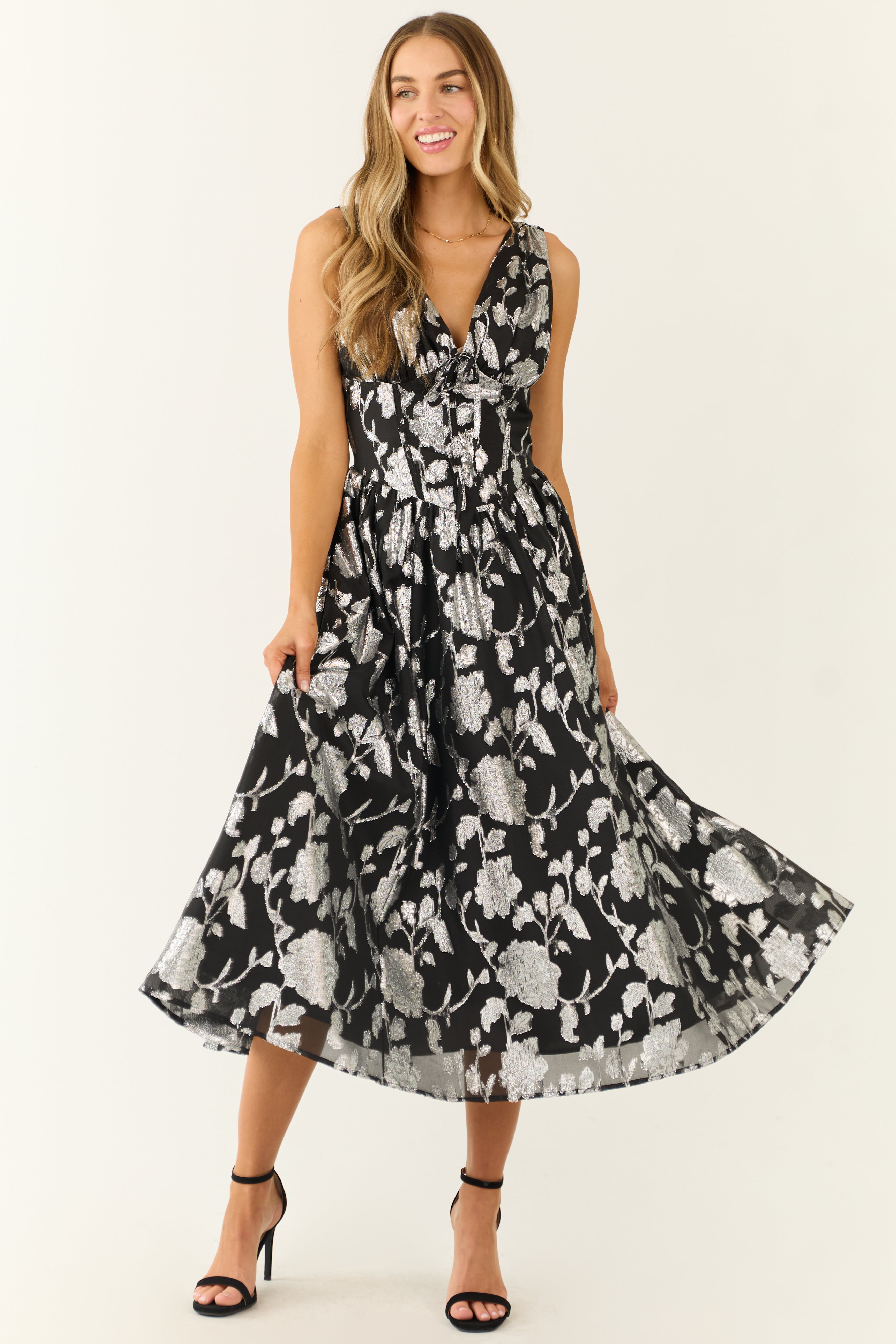 black midi dress with flowers Black Floral Jacquard Puff Sleeve Midi Dress - Midi Dresses