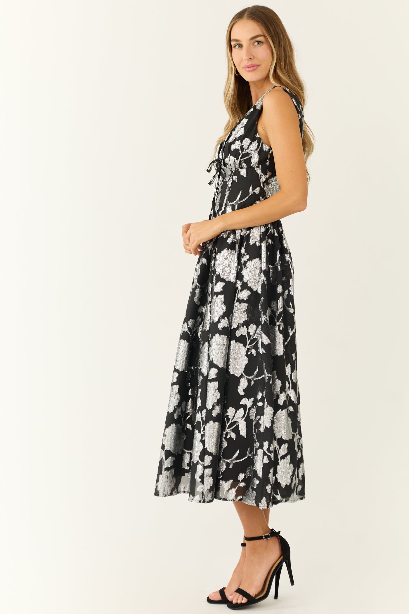 Flying Tomato Black and Silver Floral Midi Dress Flying Tomato Black and Silver Floral Midi Dress