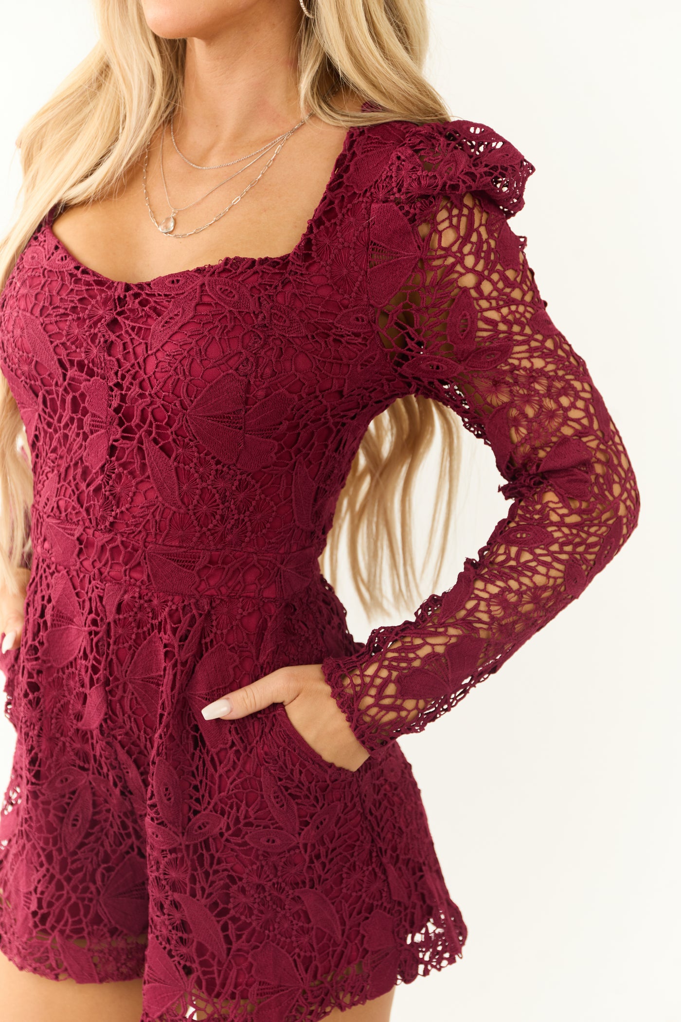 Flying Tomato Burgundy Lace Puff Shoulder Romper Flying Tomato Burgundy Lace Puff Shoulder Romper