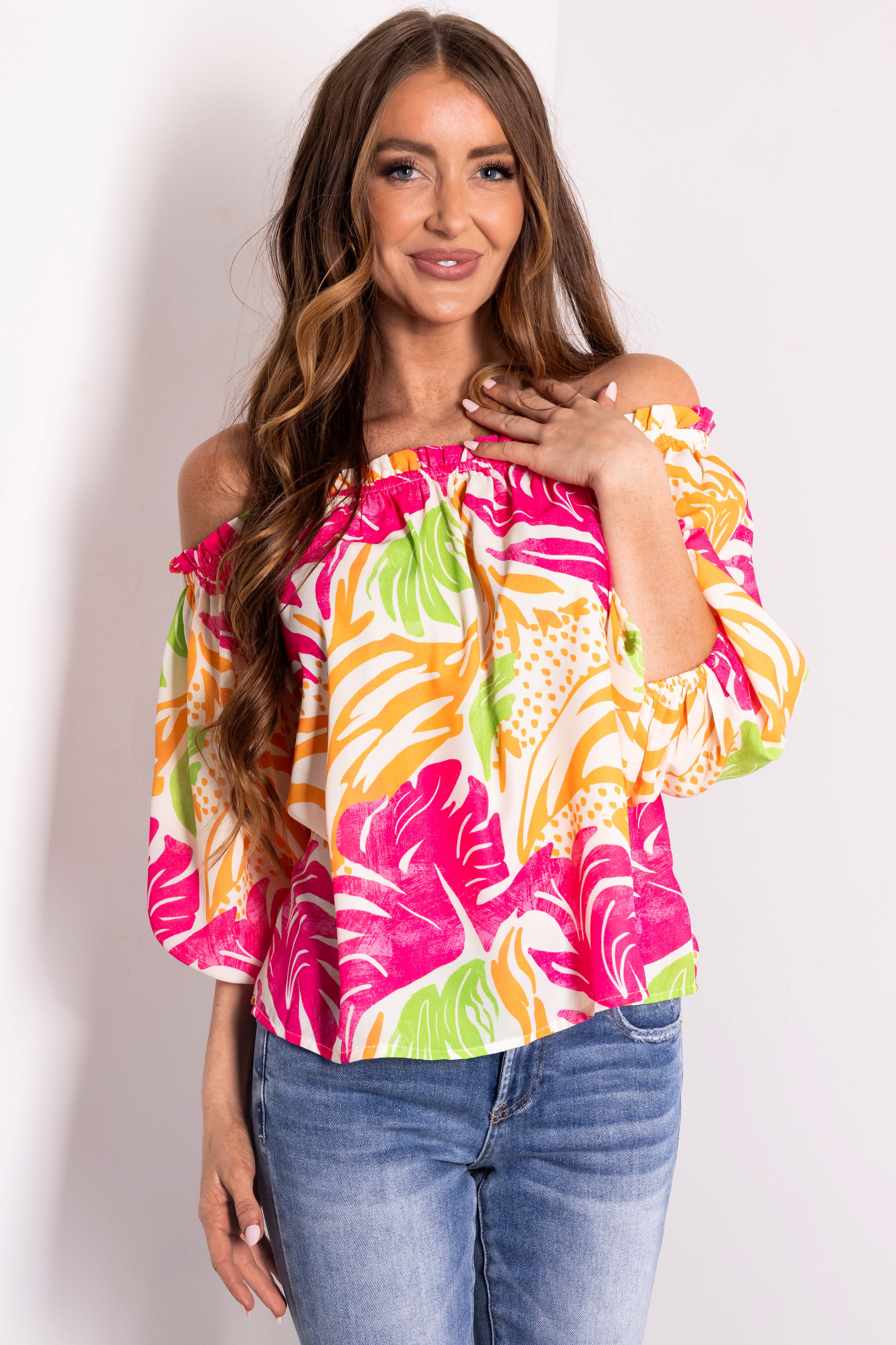 Flying Tomato Cream Abstract Print Frill Top | Lime Lush