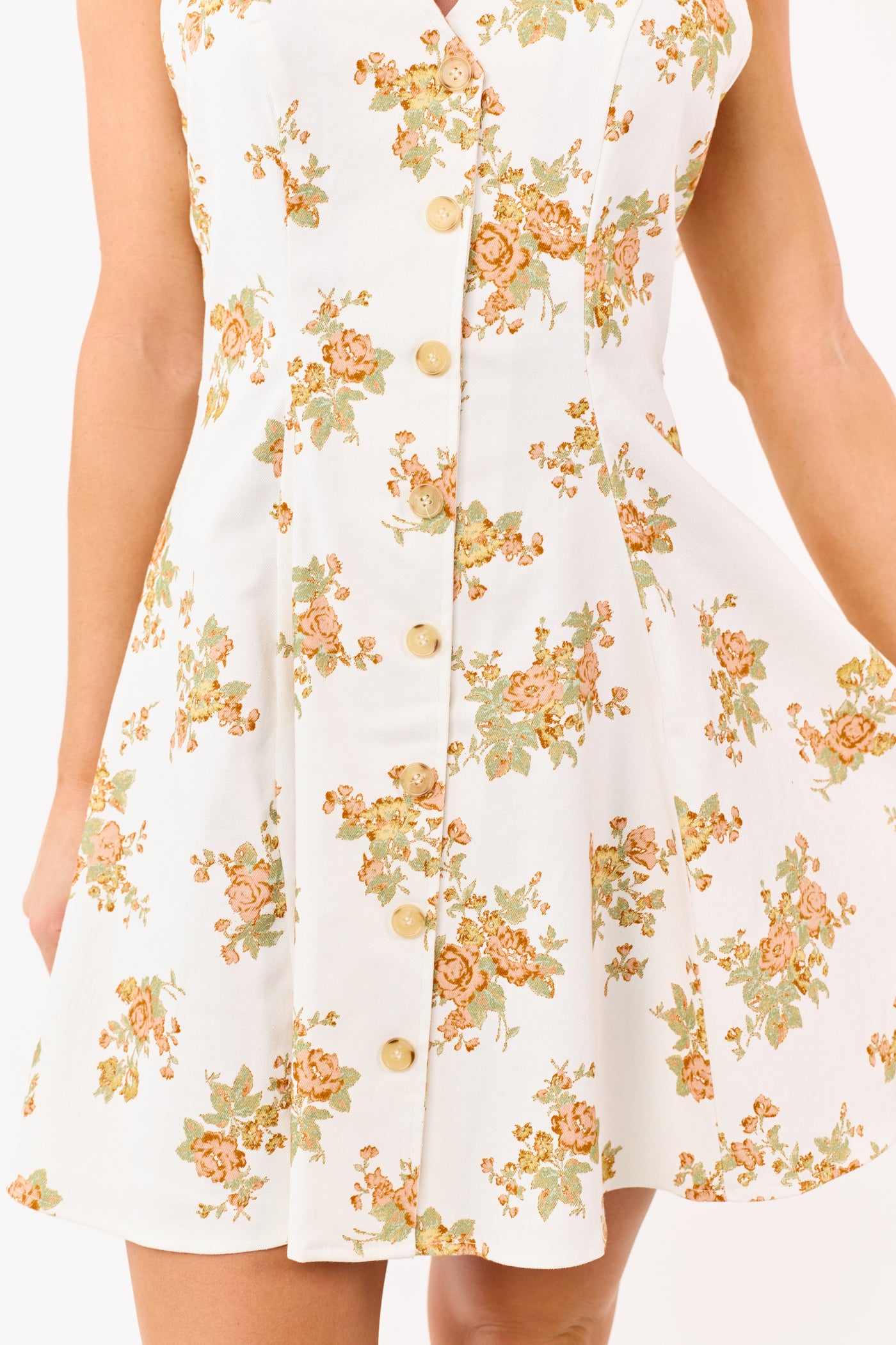 Flying Tomato Cream Floral Button Up Denim Mini Dress