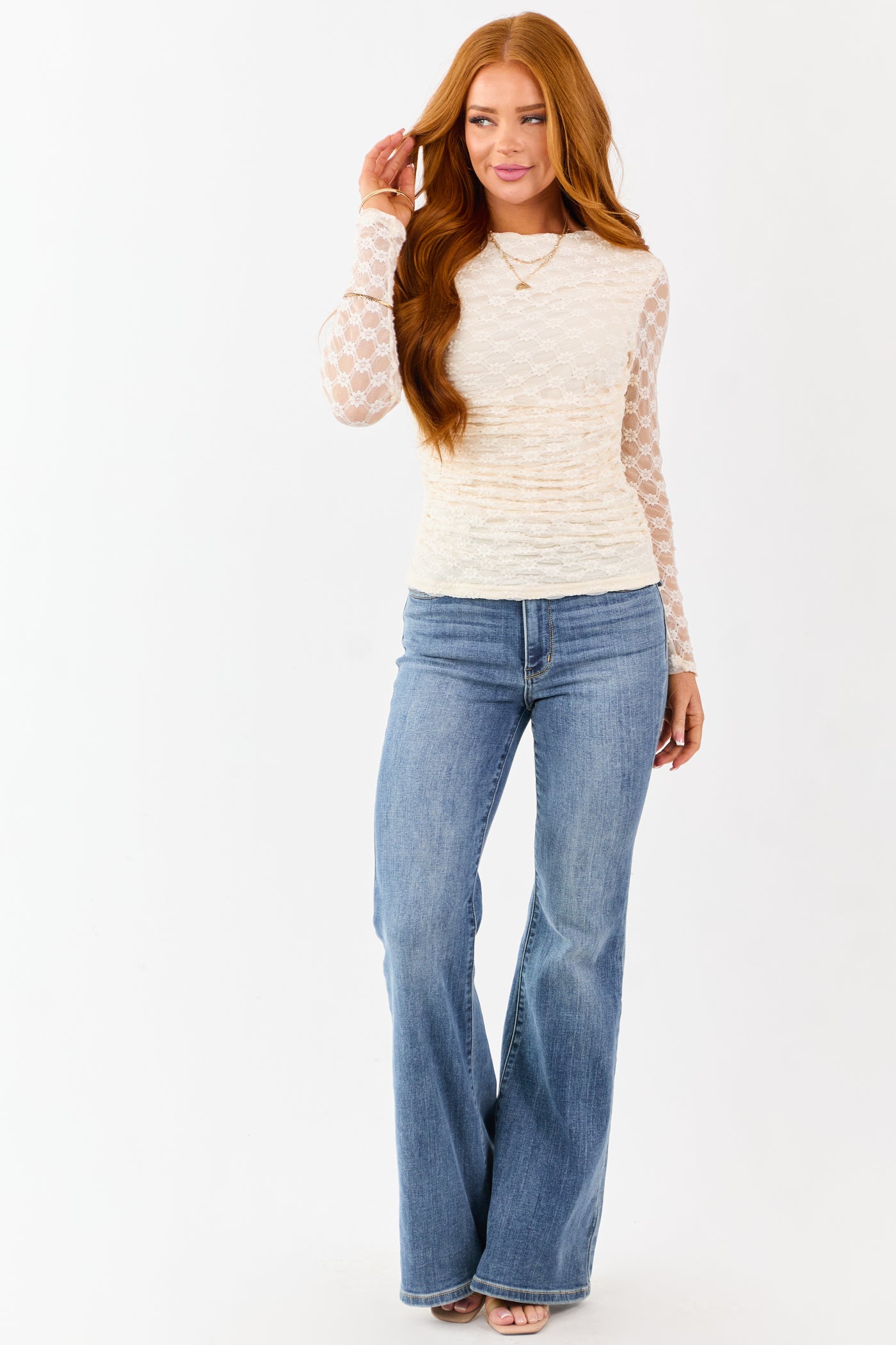 Flying Tomato Cream Floral Mesh Lace Ruched Top
