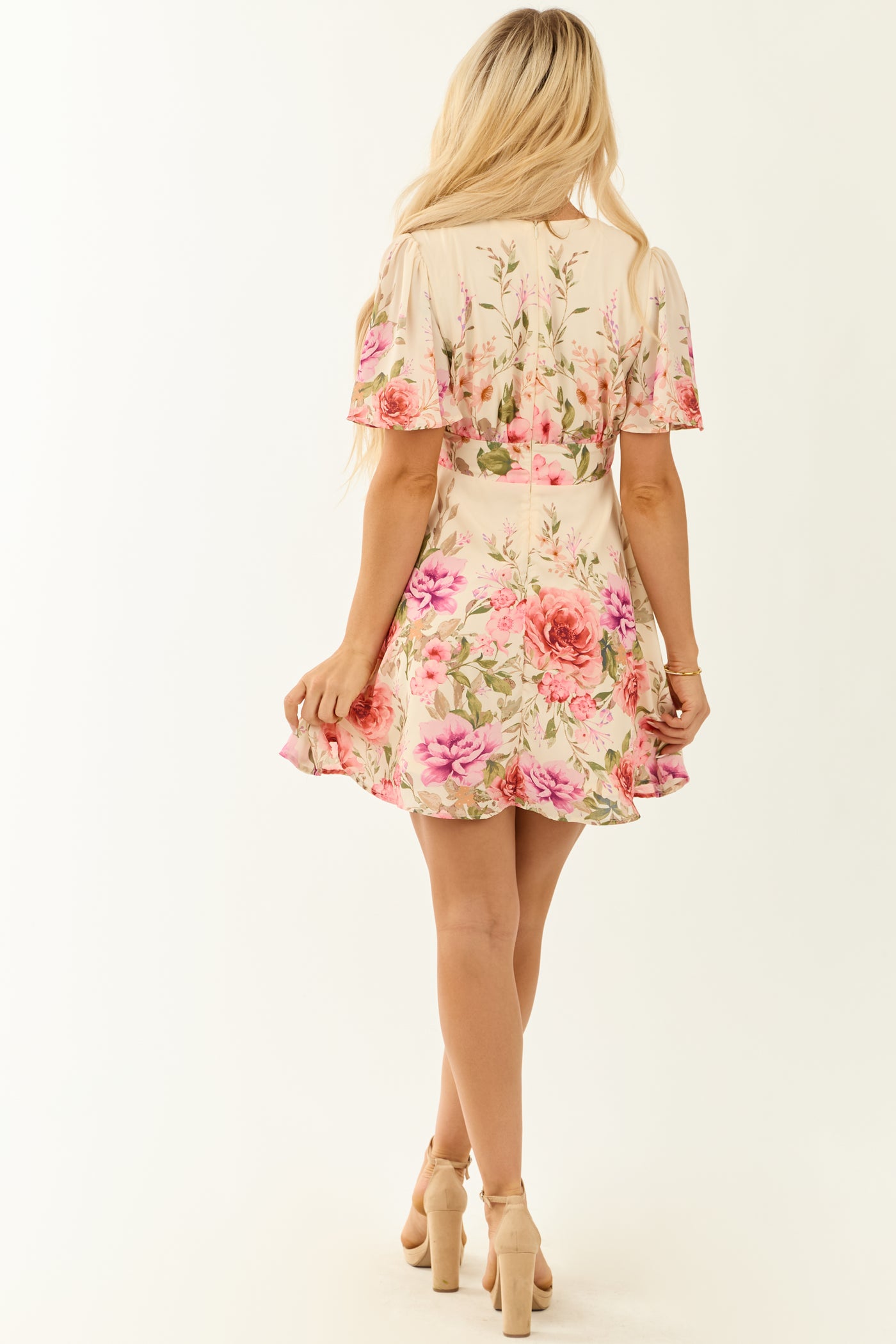 Flying Tomato Cream Floral Print V Neck Mini Dress