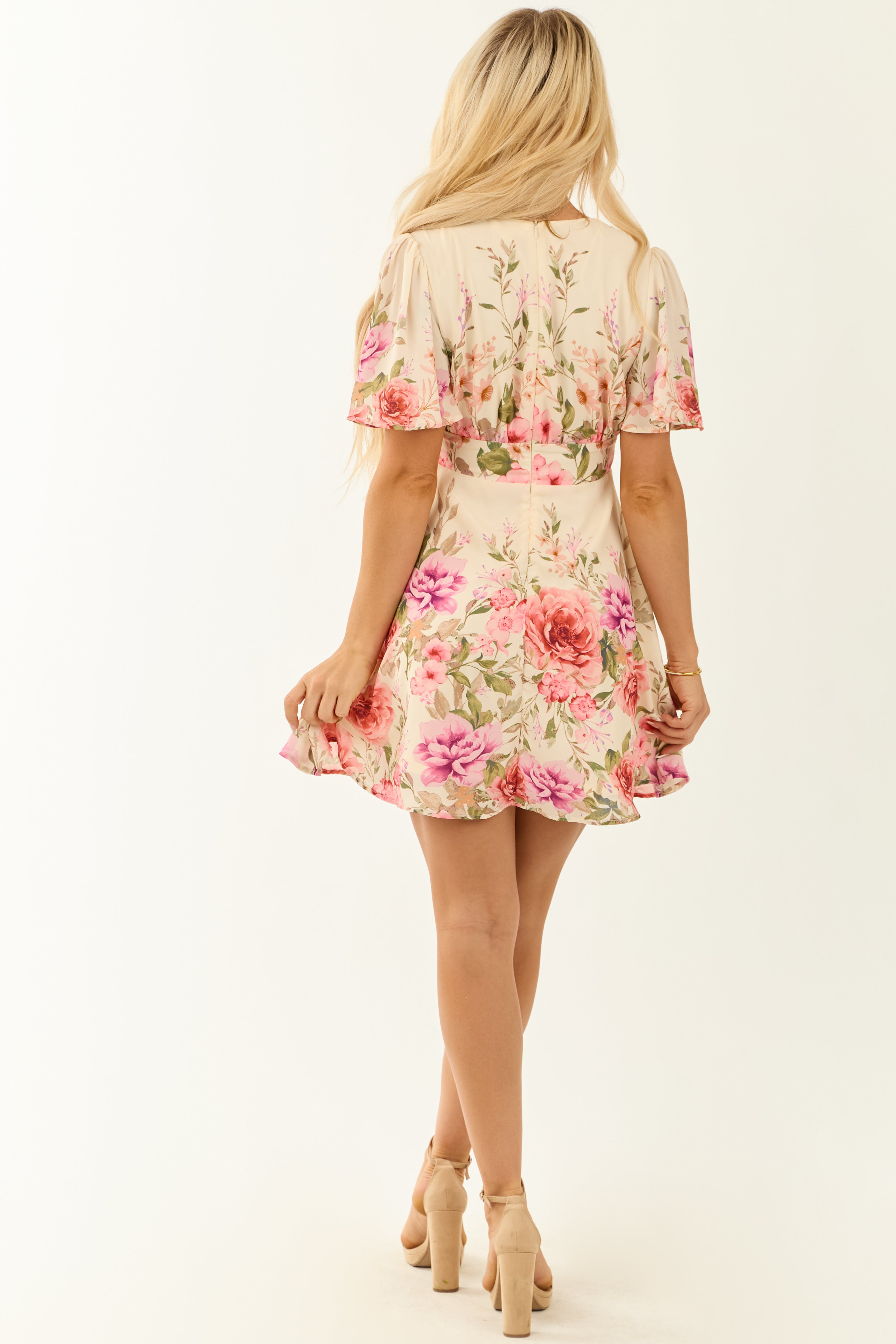 Flying Tomato Cream Floral Print V Neck Mini Dress