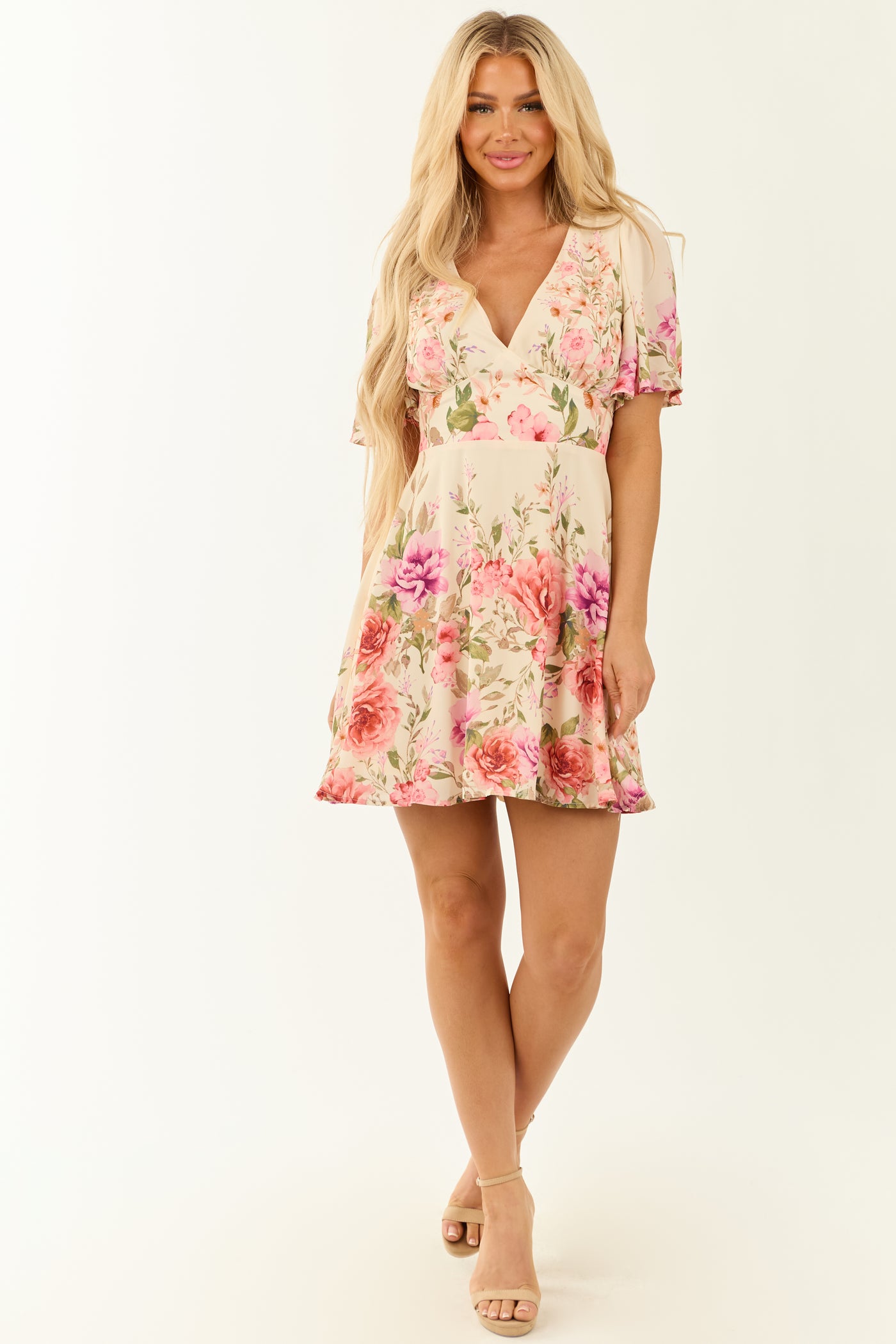 Flying Tomato Cream Floral Print V Neck Mini Dress