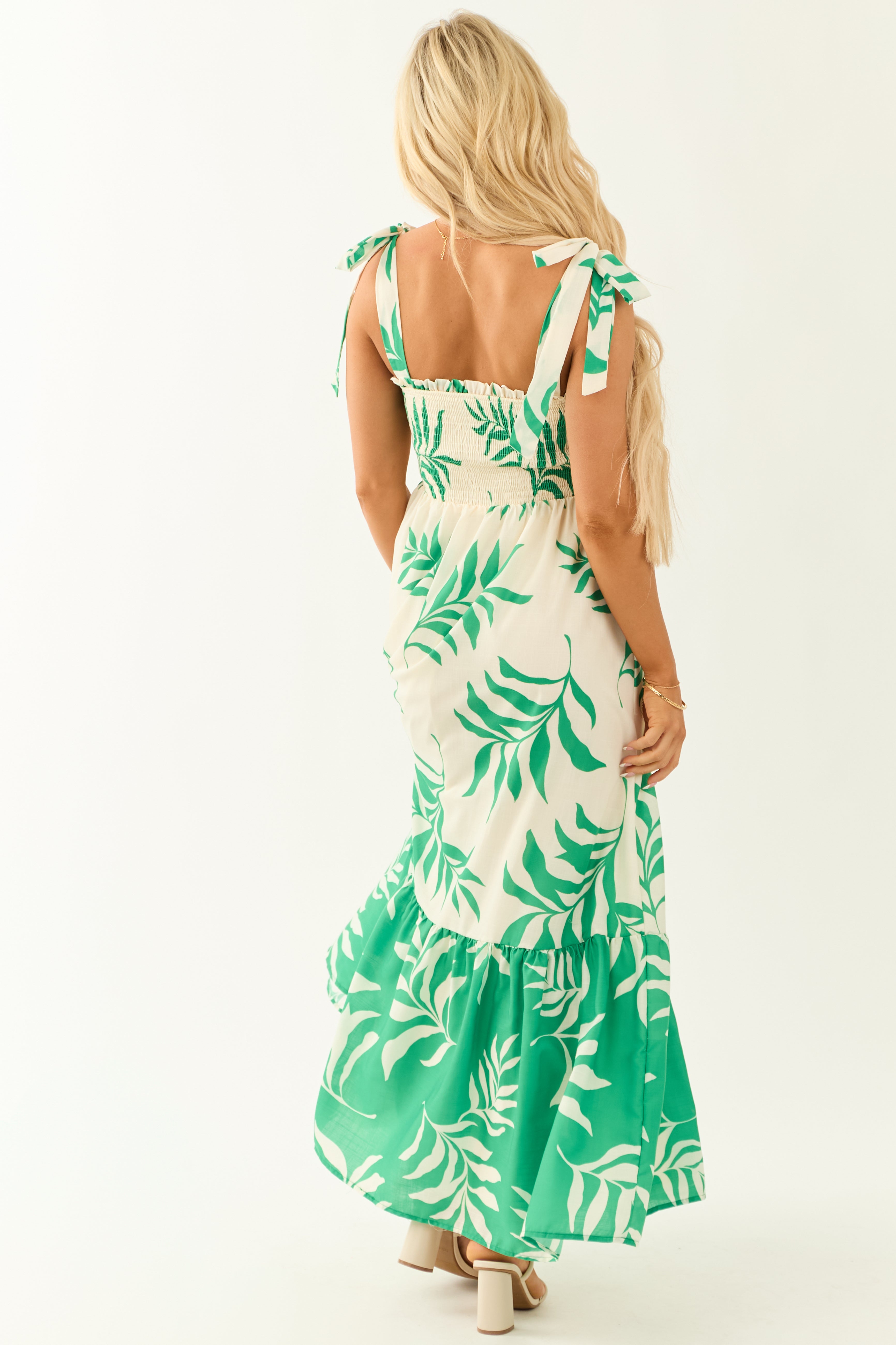 Flying Tomato Cream Leaf Print Sleeveless Maxi Dress