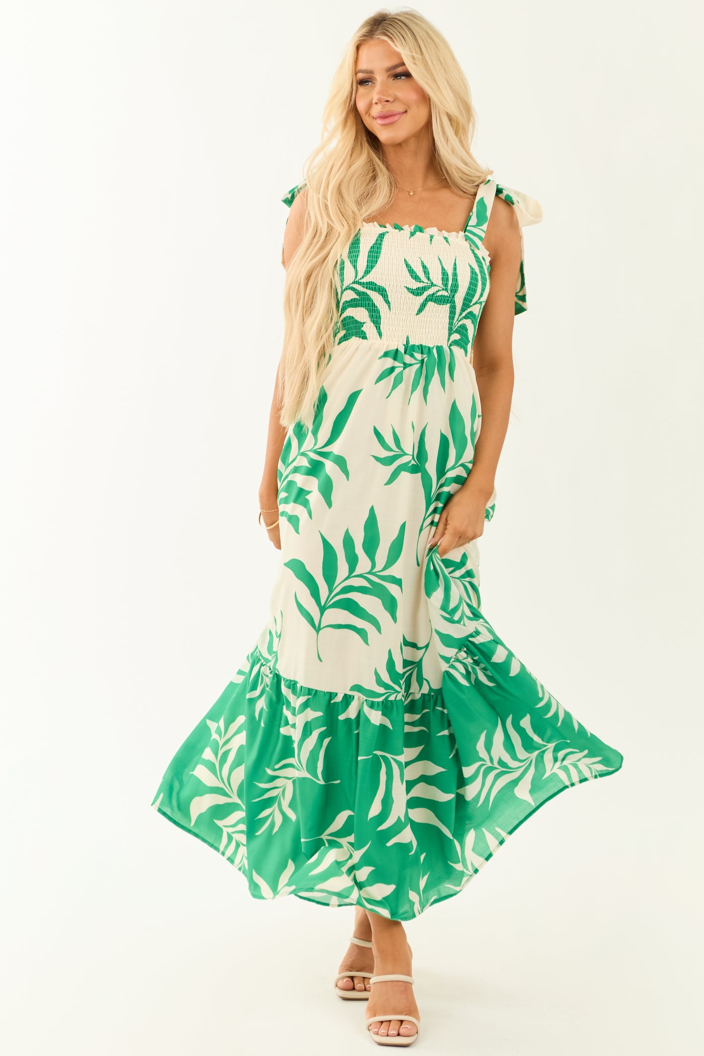 Flying Tomato Cream Leaf Print Sleeveless Maxi Dress