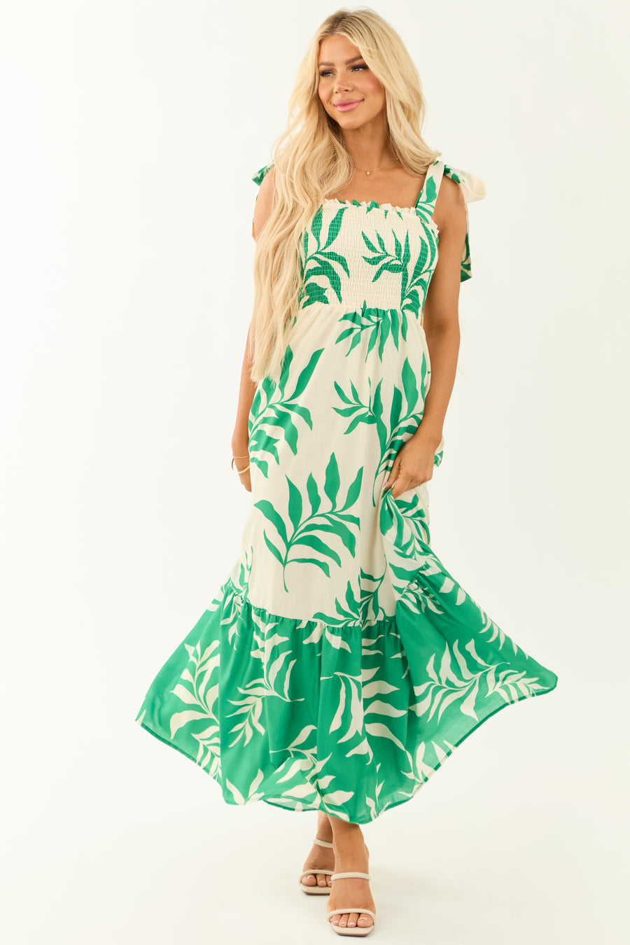 Flying Tomato Cream Leaf Print Sleeveless Maxi Dress