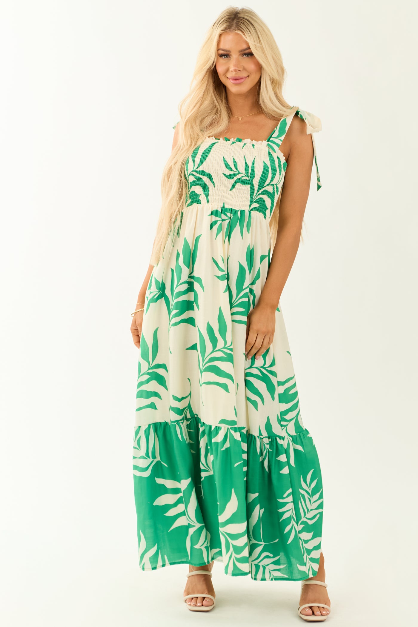 Flying Tomato Cream Leaf Print Sleeveless Maxi Dress