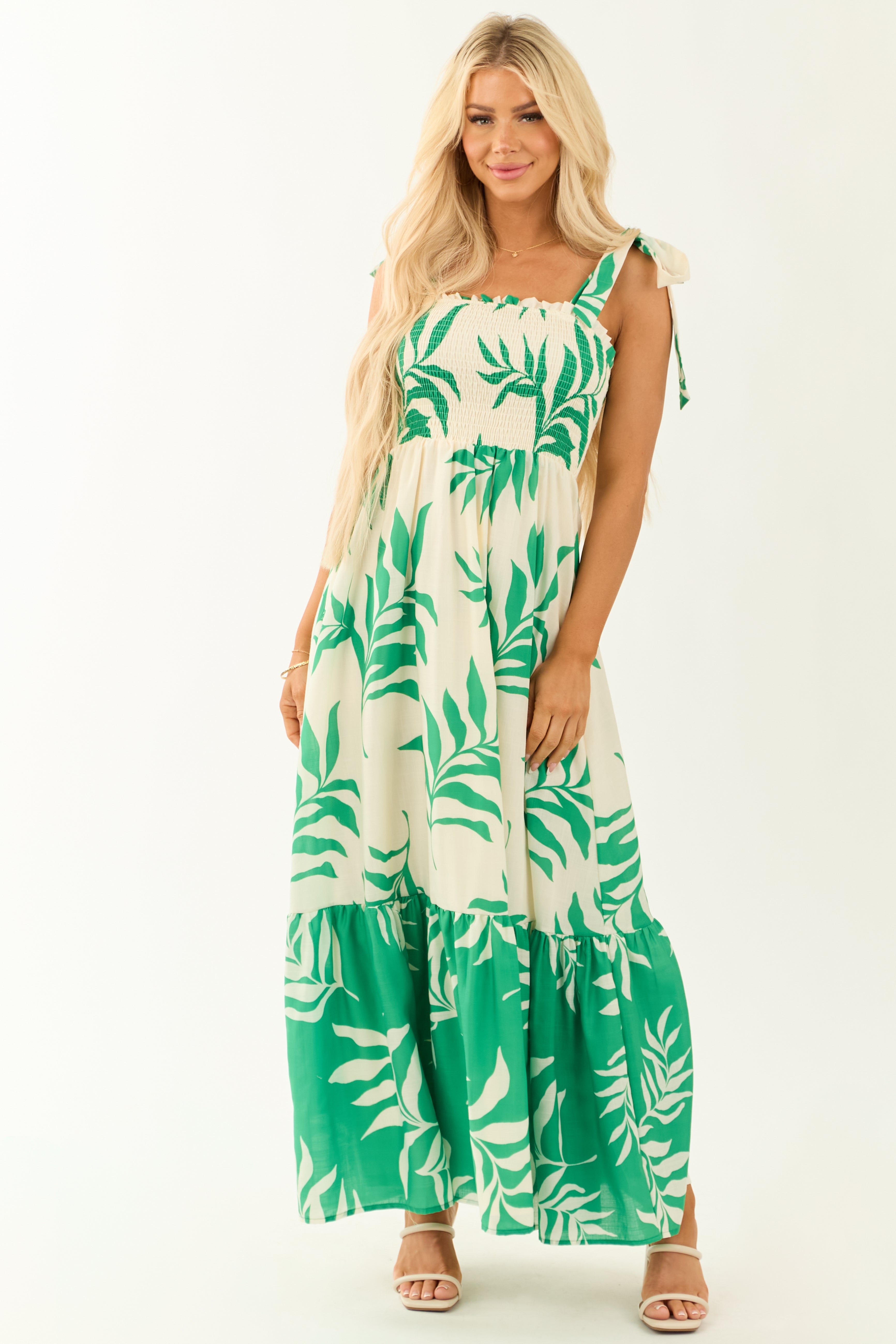 Flying Tomato Cream Leaf Print Sleeveless Maxi Dress