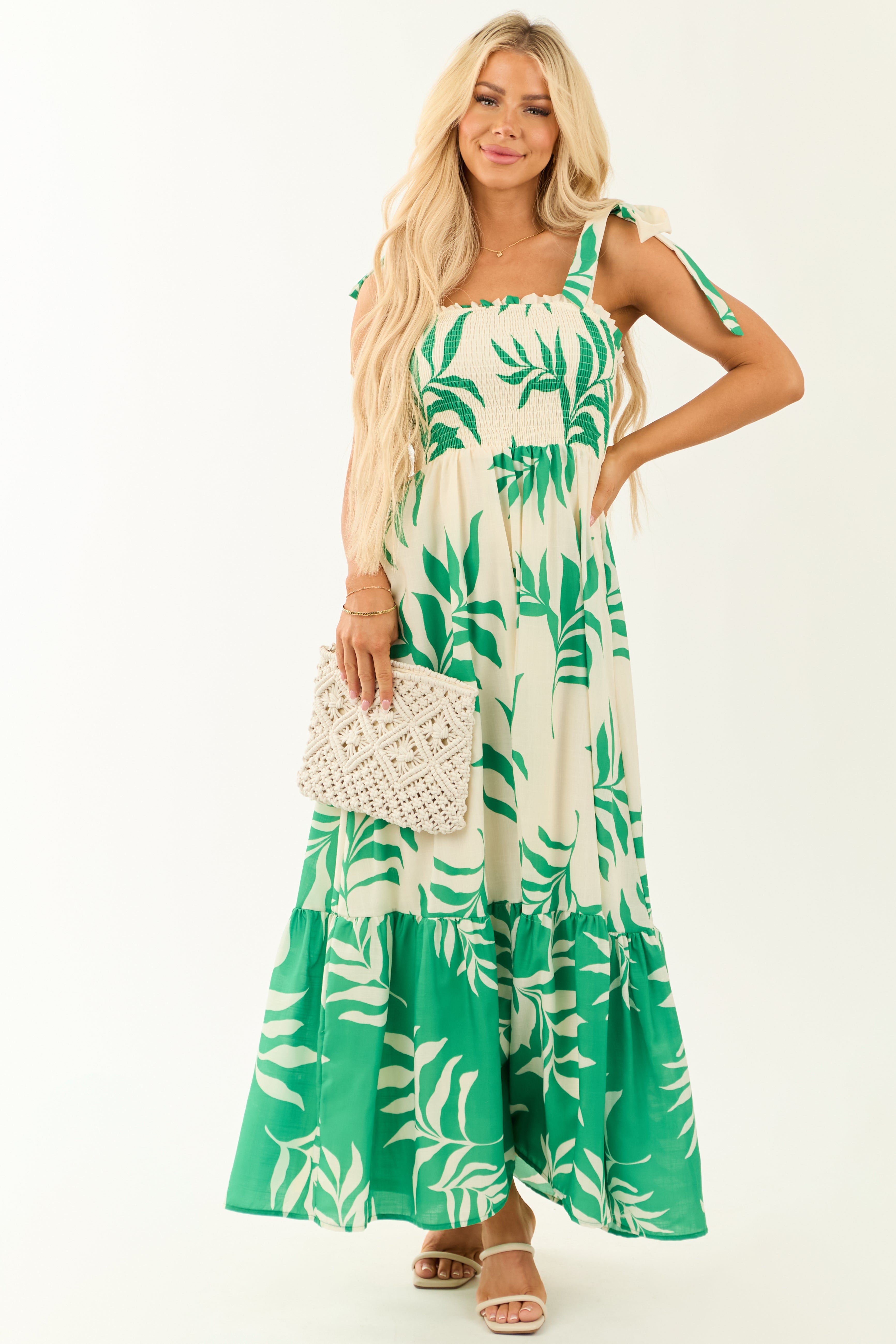 Flying Tomato Cream Leaf Print Sleeveless Maxi Dress