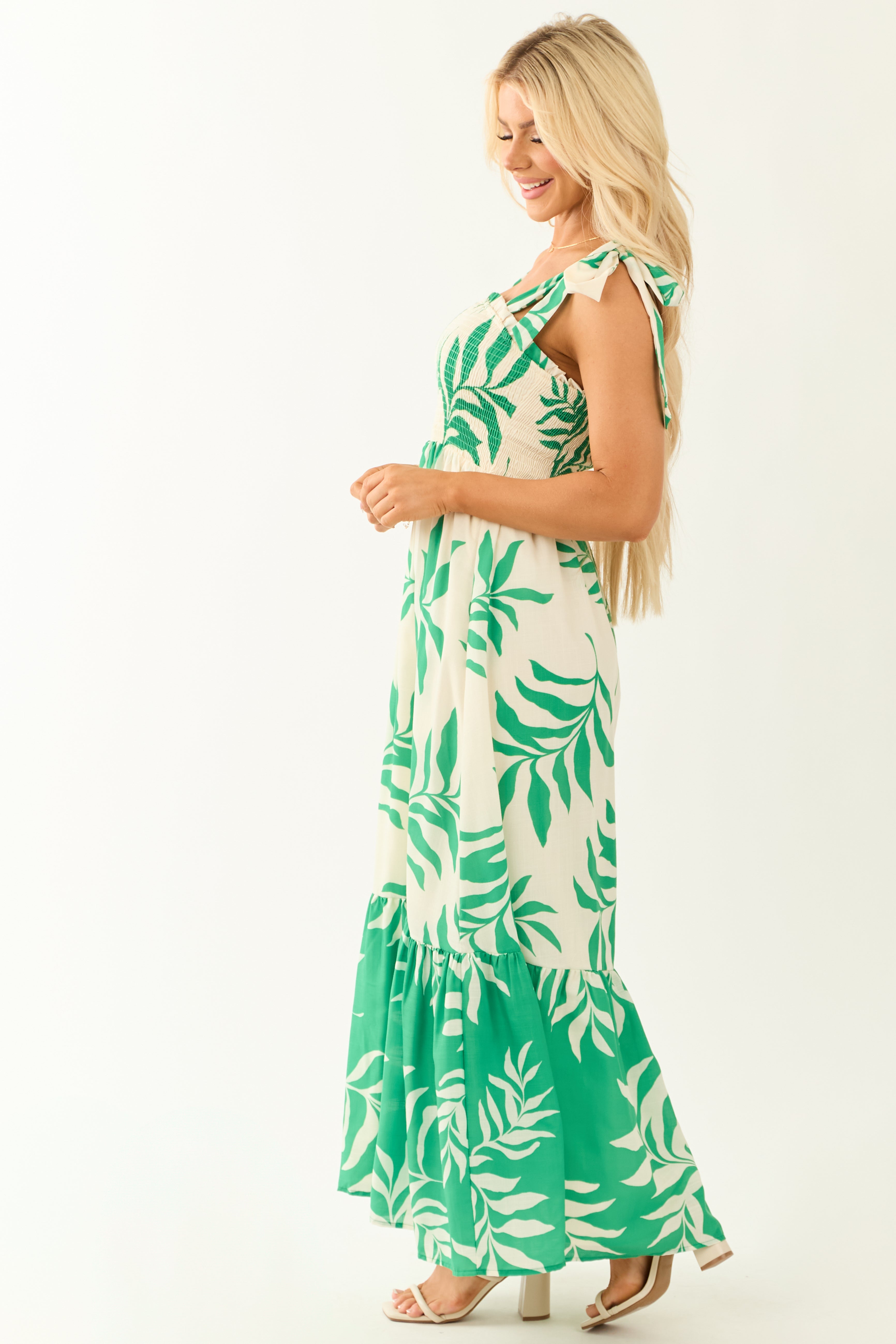 Flying Tomato Cream Leaf Print Sleeveless Maxi Dress