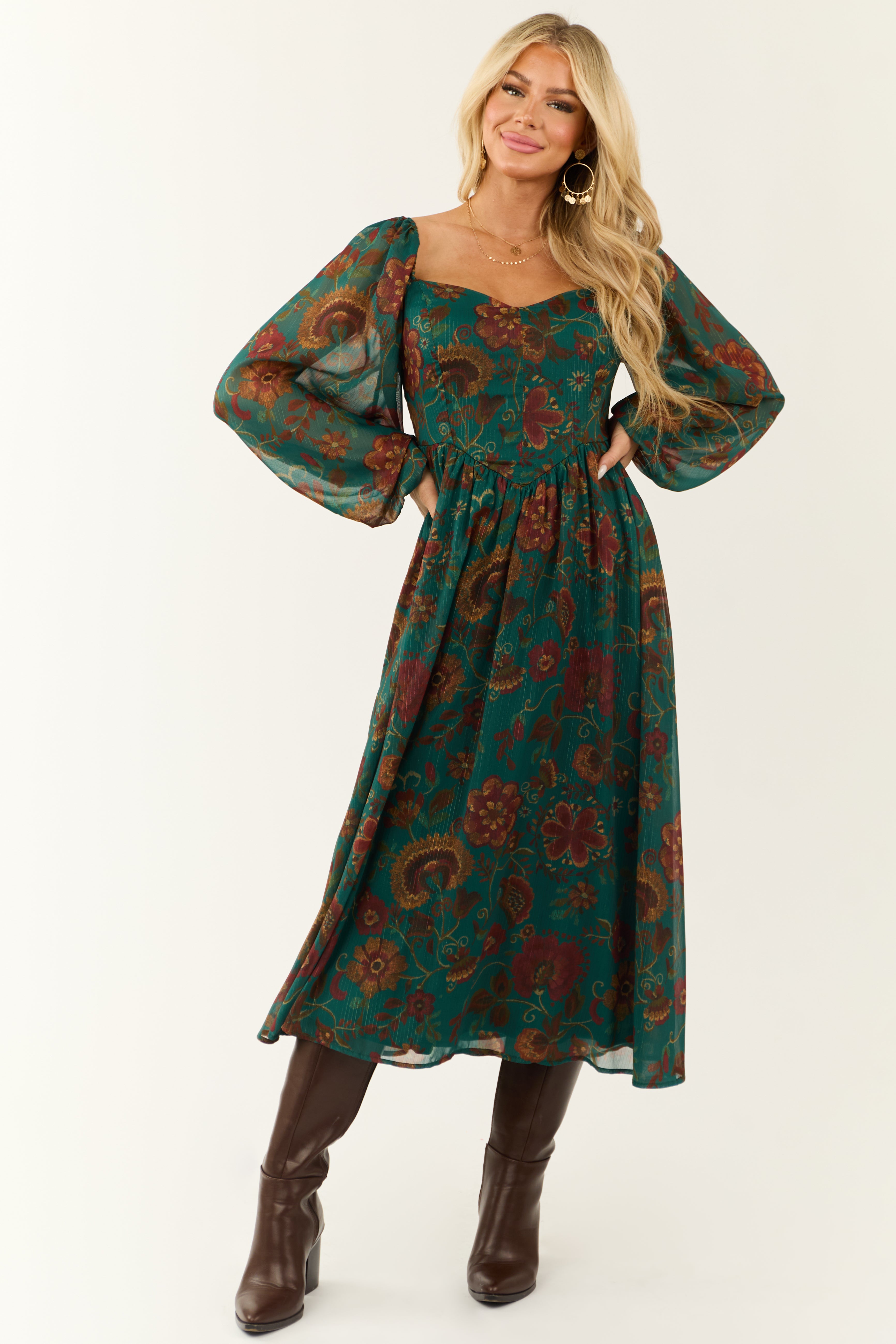 Flying Tomato Dark Juniper Floral Midi Dress | Lime Lush Boutique