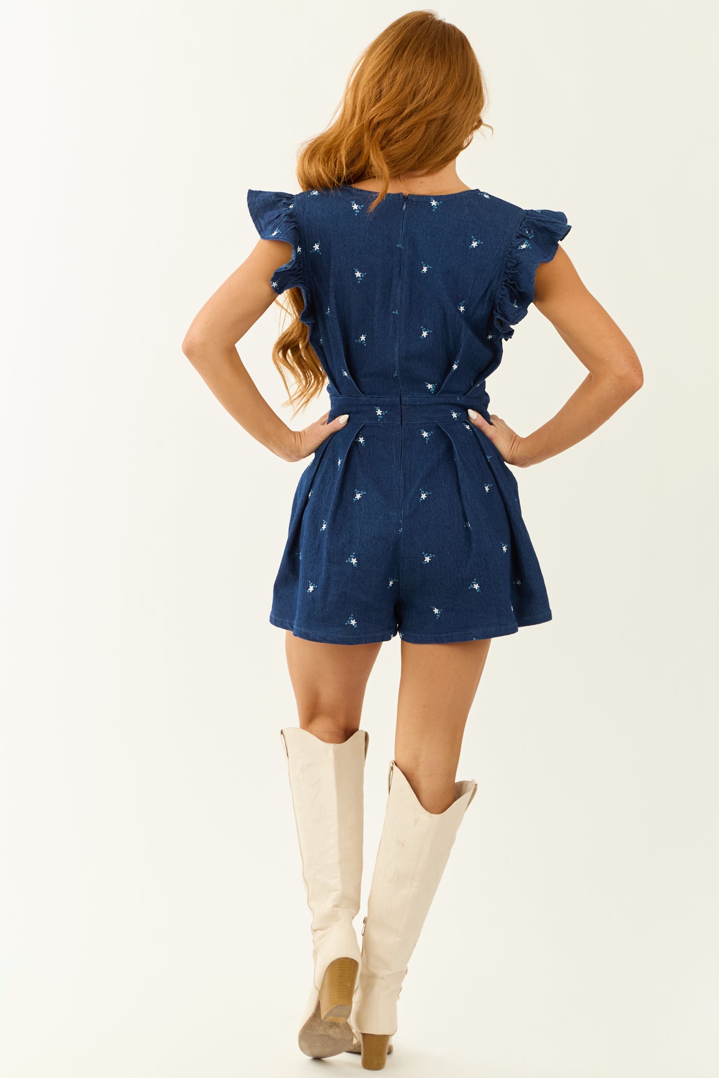 Flying Tomato Dark Wash Denim Embroidered Romper