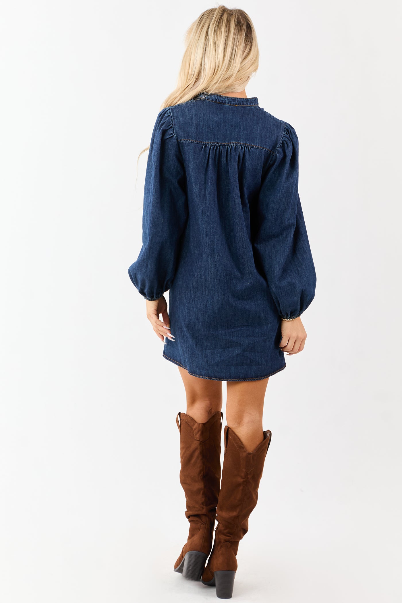 Flying Tomato Dark Wash Denim Long Sleeve Mini Dress