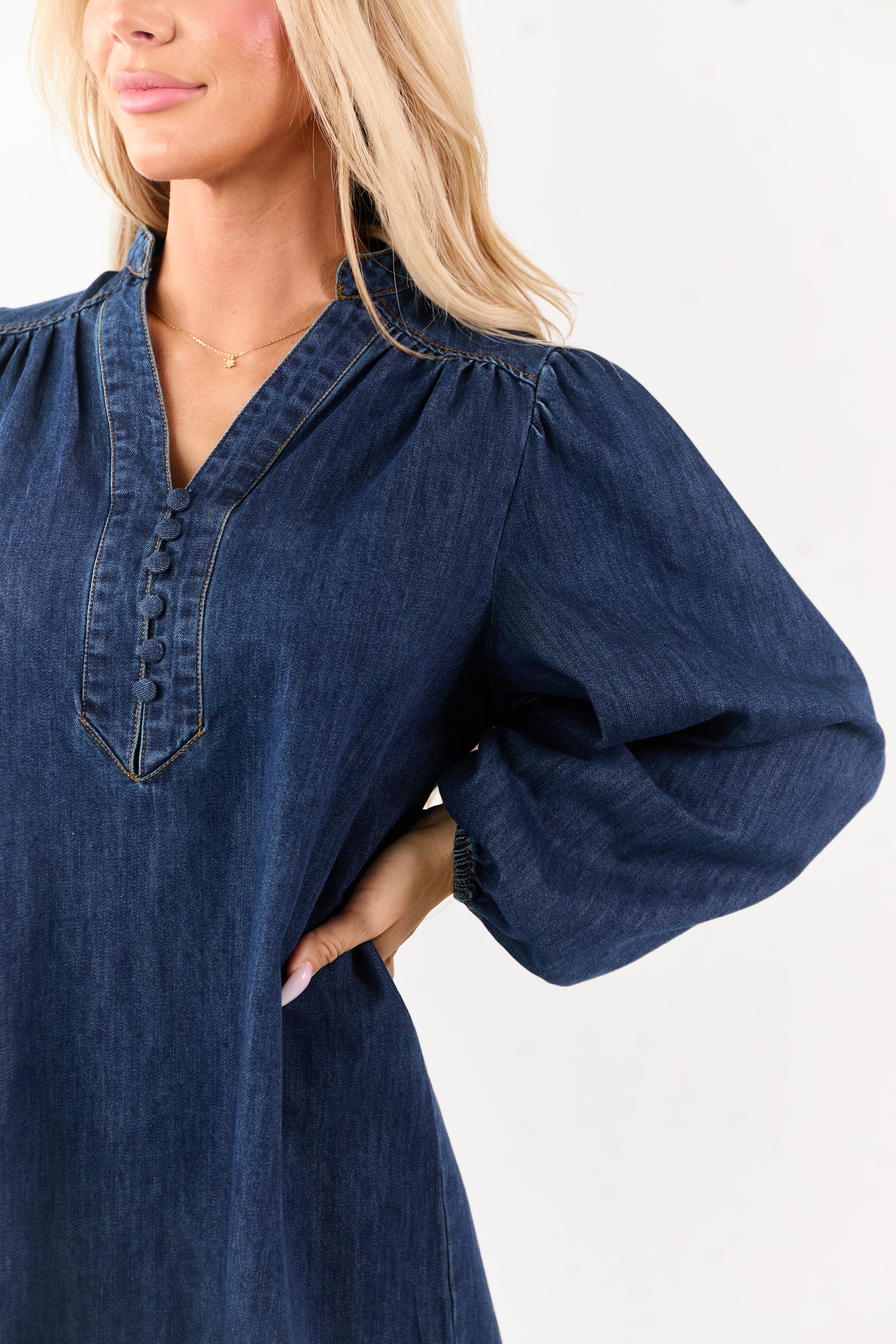 Flying Tomato Dark Wash Denim Long Sleeve Mini Dress