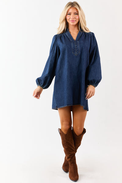 Flying Tomato Dark Wash Denim Long Sleeve Mini Dress