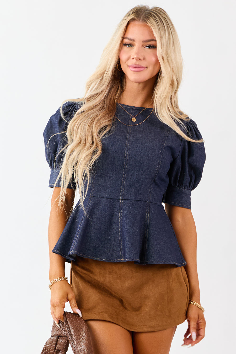 Flying Tomato Dark Wash Denim Peplum Puff Sleeve Top