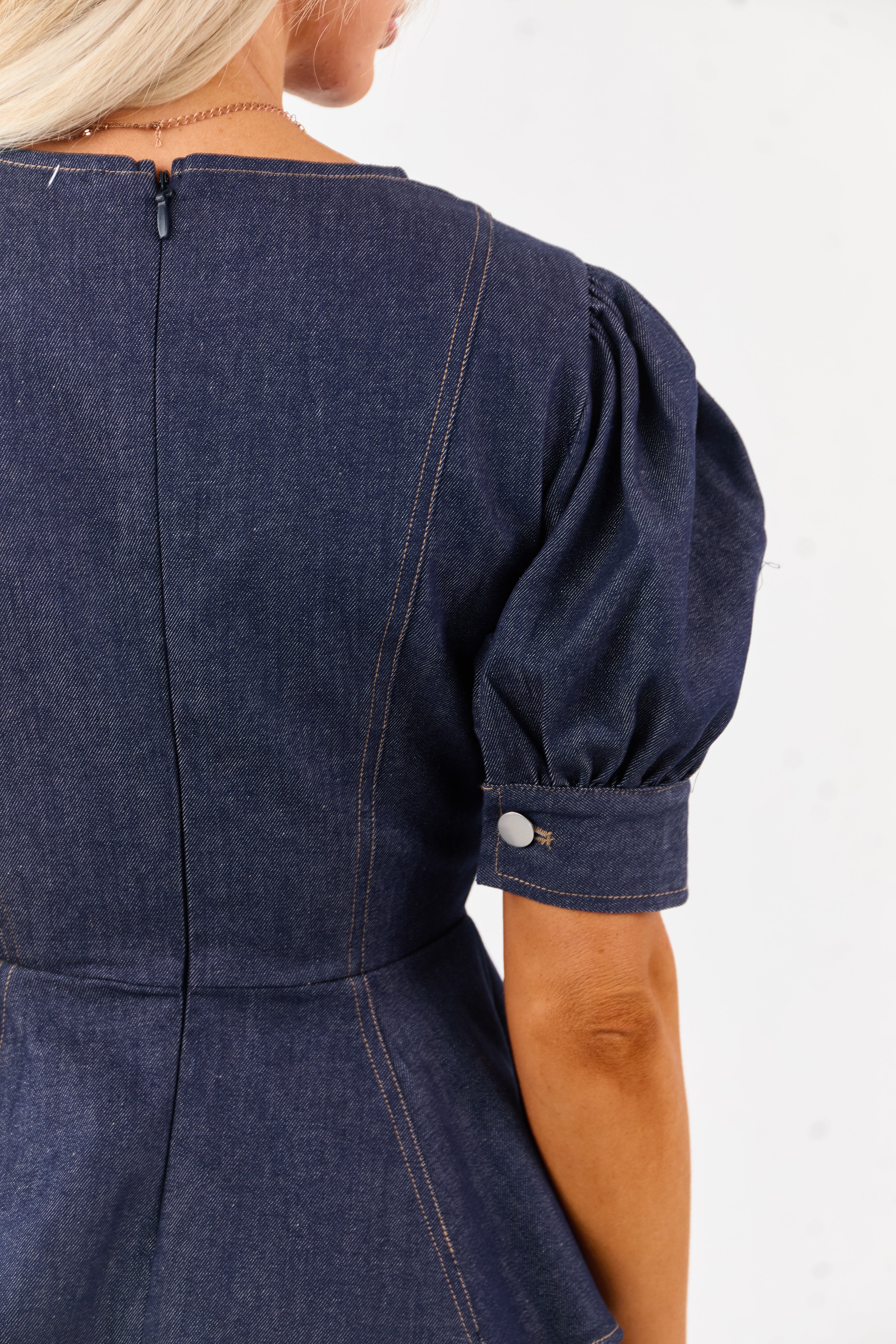 Flying Tomato Dark Wash Denim Peplum Puff Sleeve Top