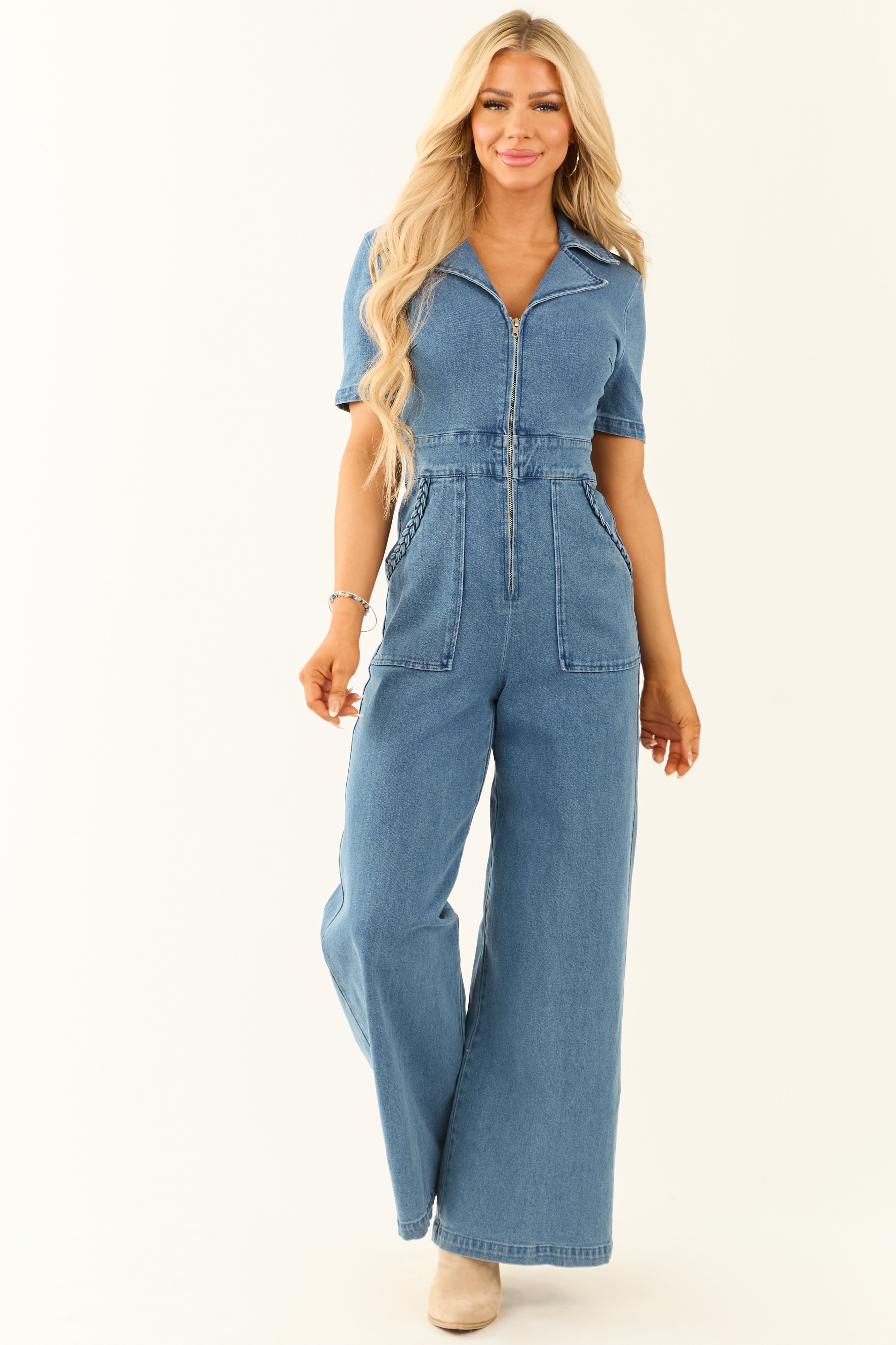 Flying Tomato Dark Wash Denim Wide Leg Jumpsuit | Lime Lush Boutique