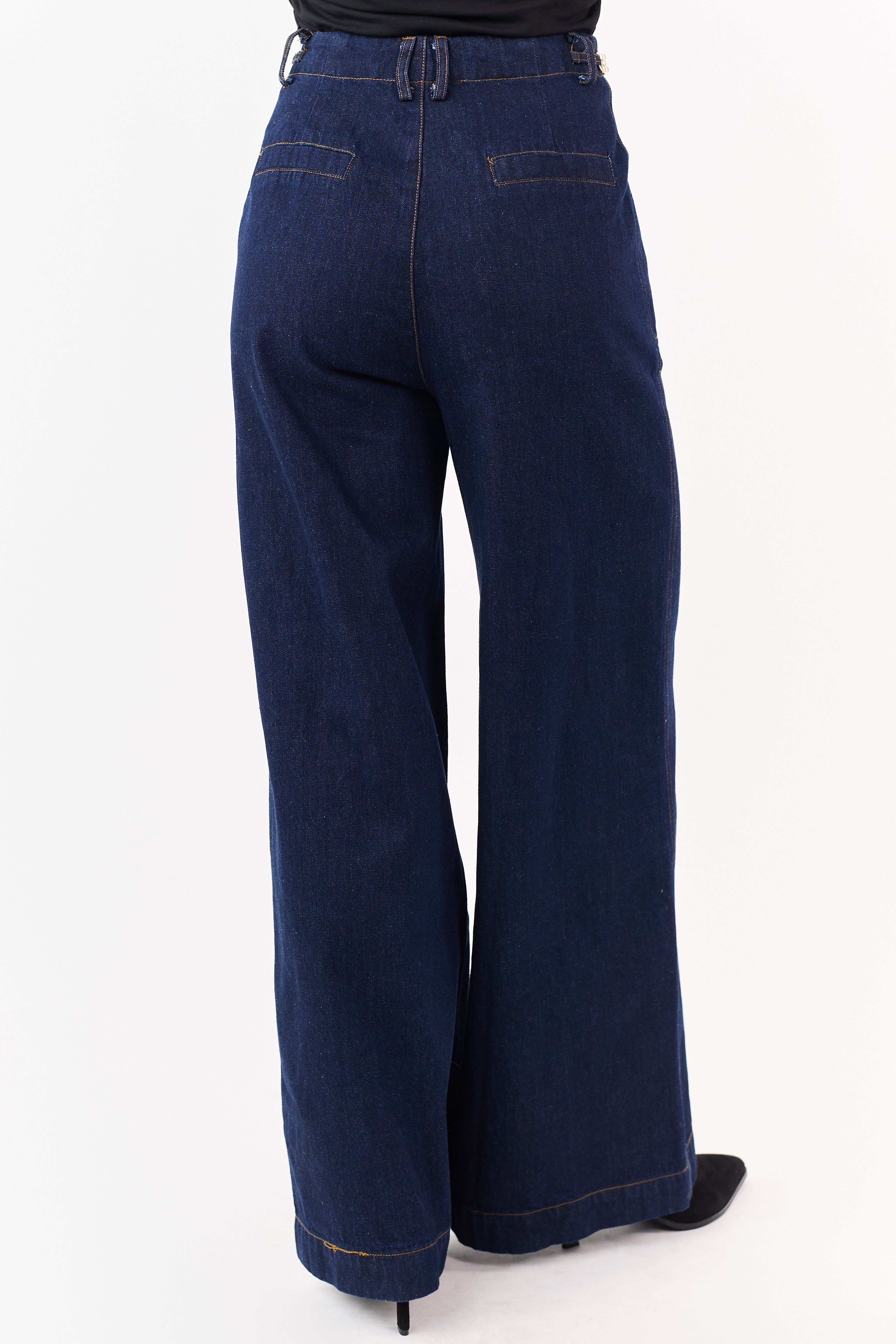 Flying Tomato Dark Wash Wide Leg Waist Detail Jeans