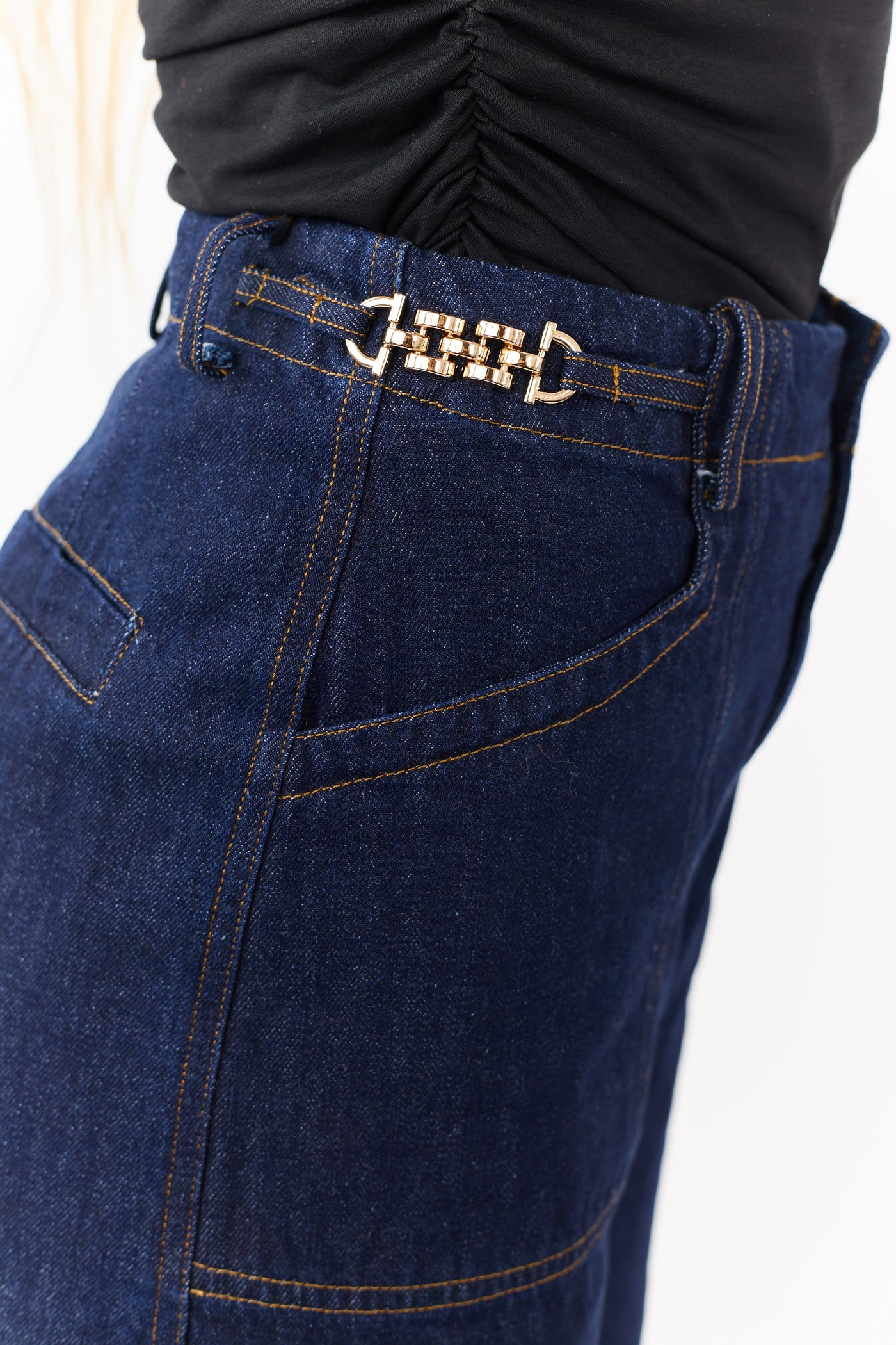 Flying Tomato Dark Wash Wide Leg Waist Detail Jeans