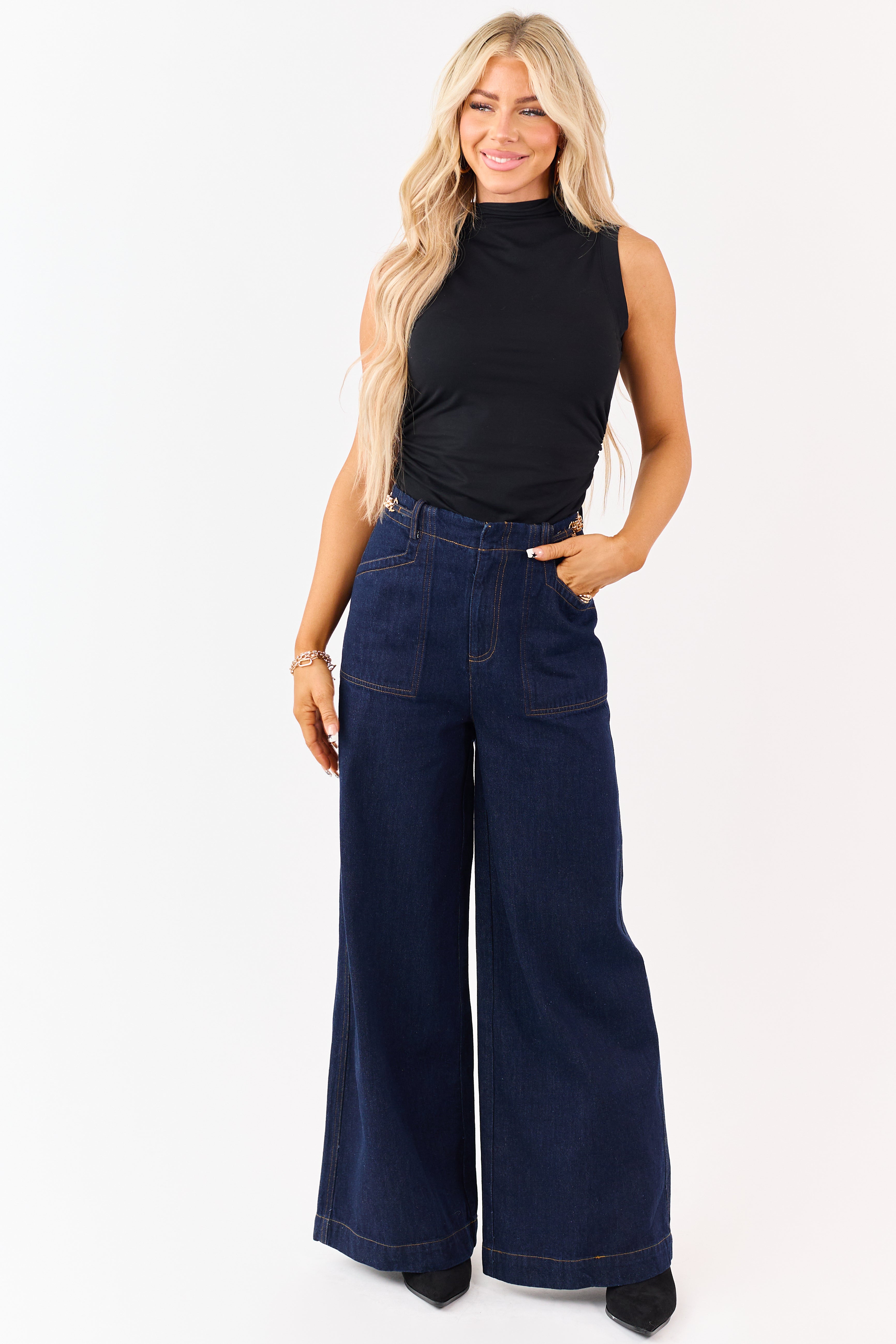 Flying Tomato Dark Wash Wide Leg Waist Detail Jeans