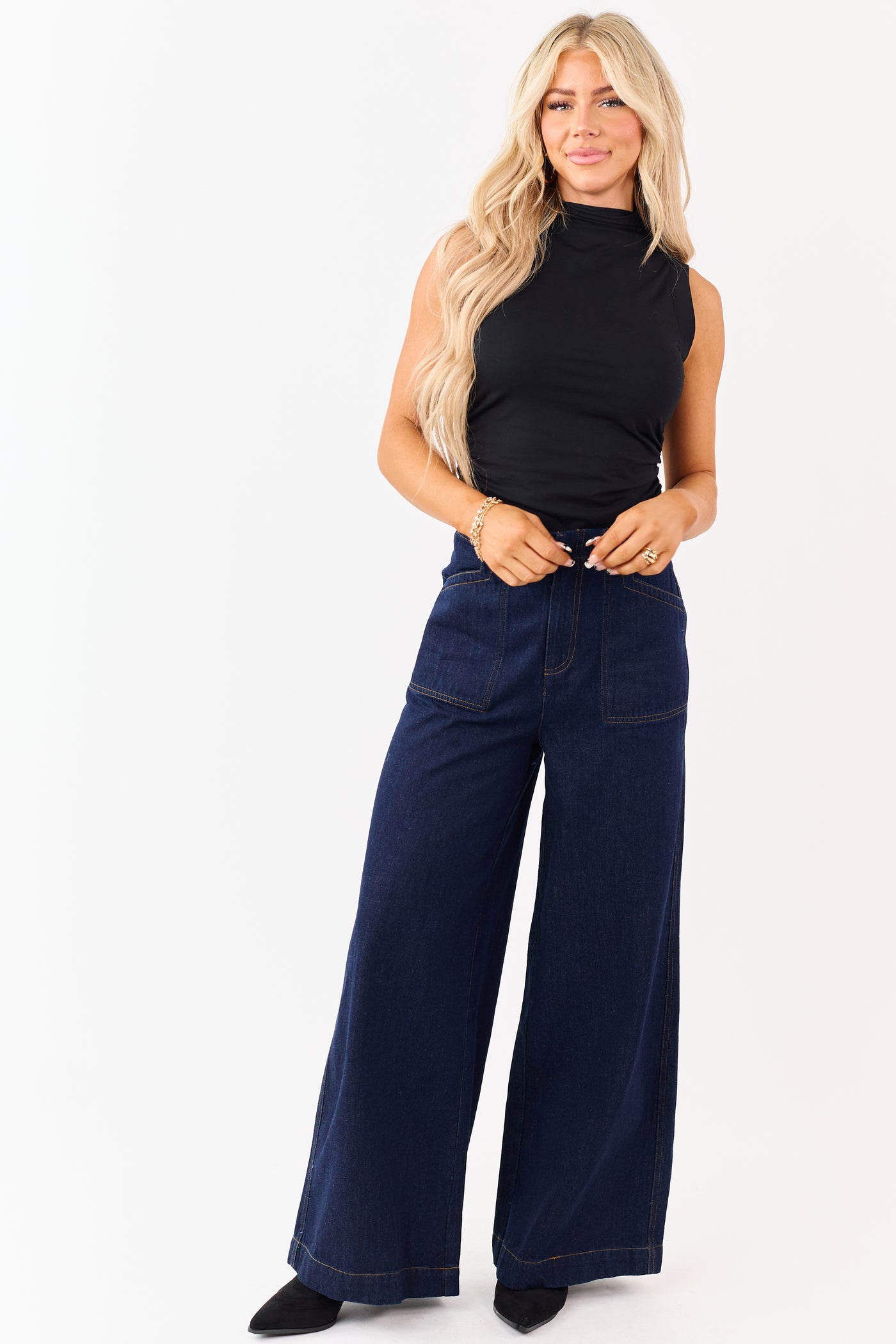 Flying Tomato Dark Wash Wide Leg Waist Detail Jeans