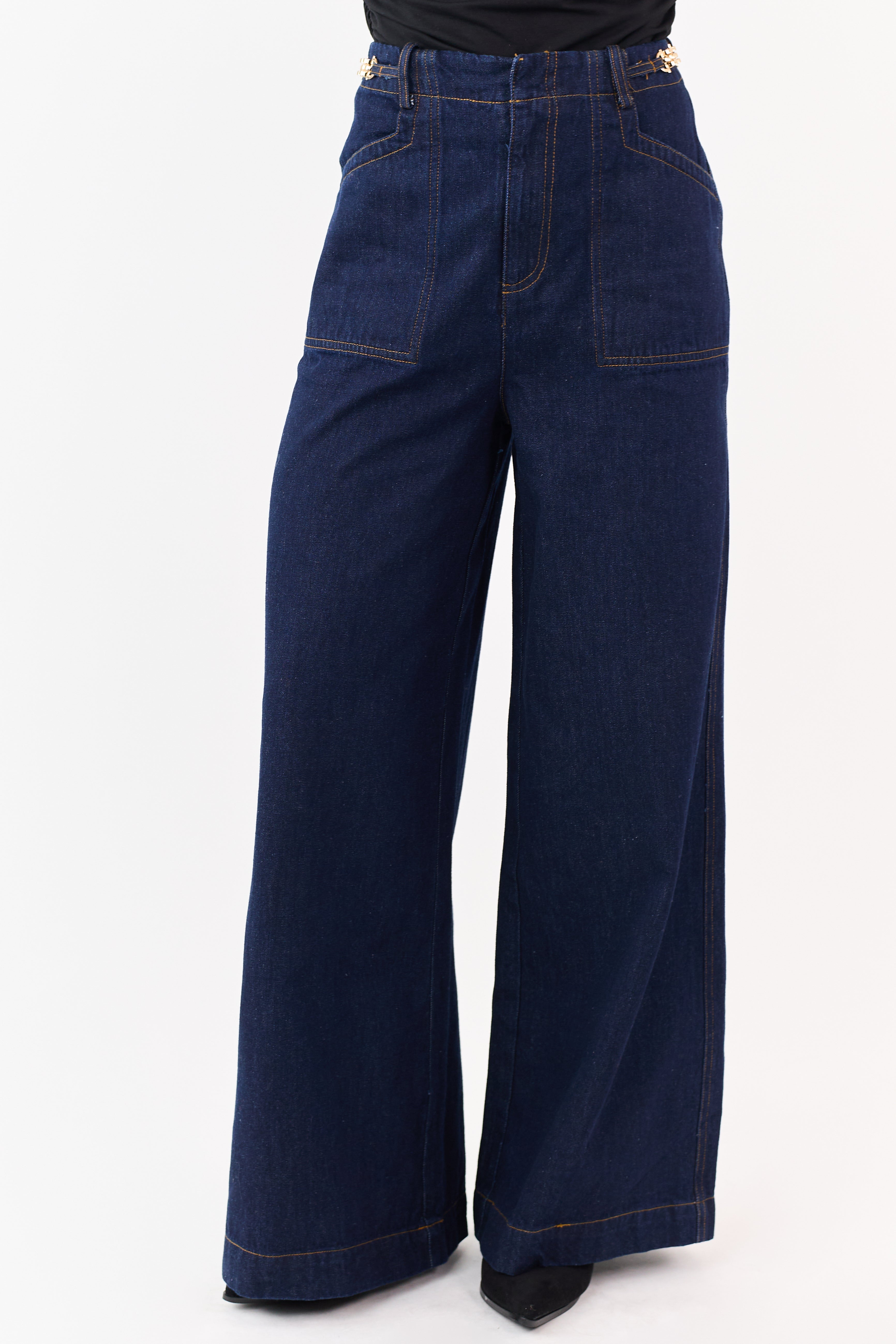 Flying Tomato Dark Wash Wide Leg Waist Detail Jeans | Lime Lush