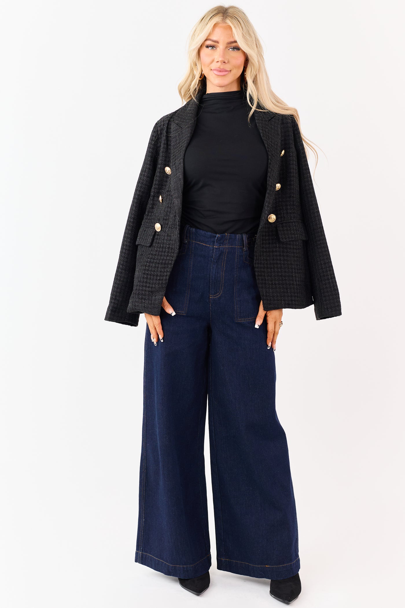 Flying Tomato Dark Wash Wide Leg Waist Detail Jeans