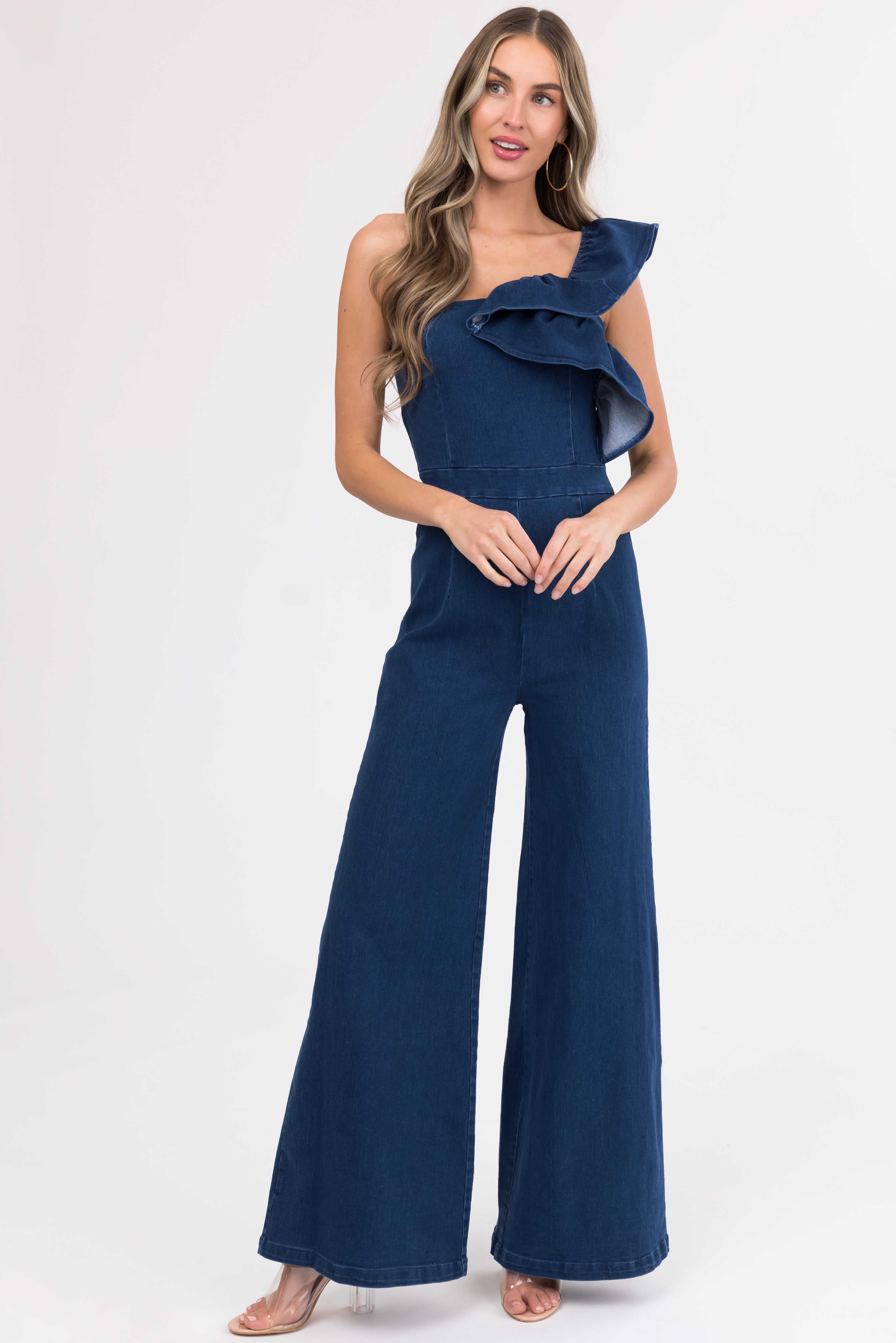 Flying Tomato Denim One Shoulder Jumpsuit | Lime Lush Boutique