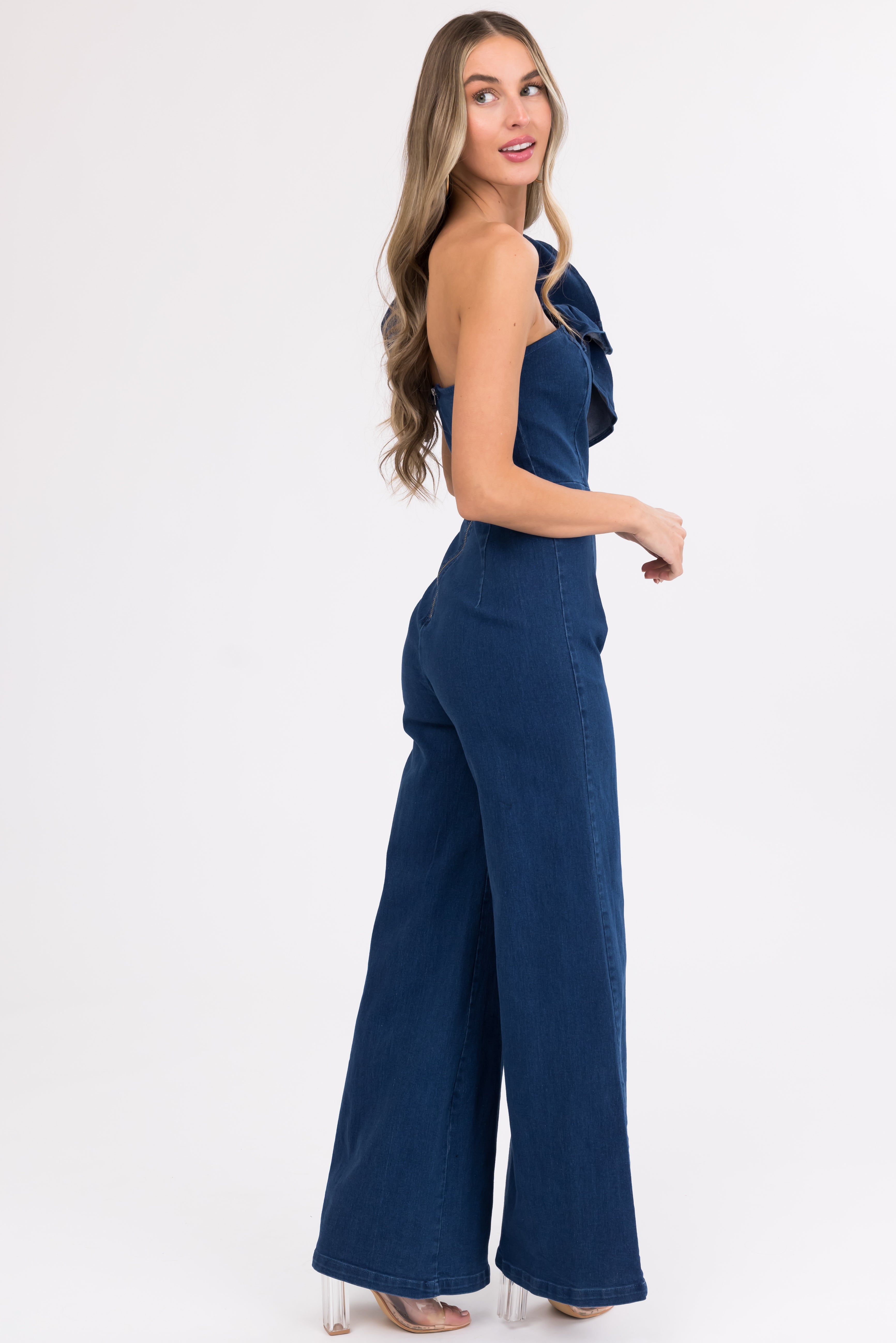 Flying Tomato Denim One Shoulder Jumpsuit | Lime Lush Boutique