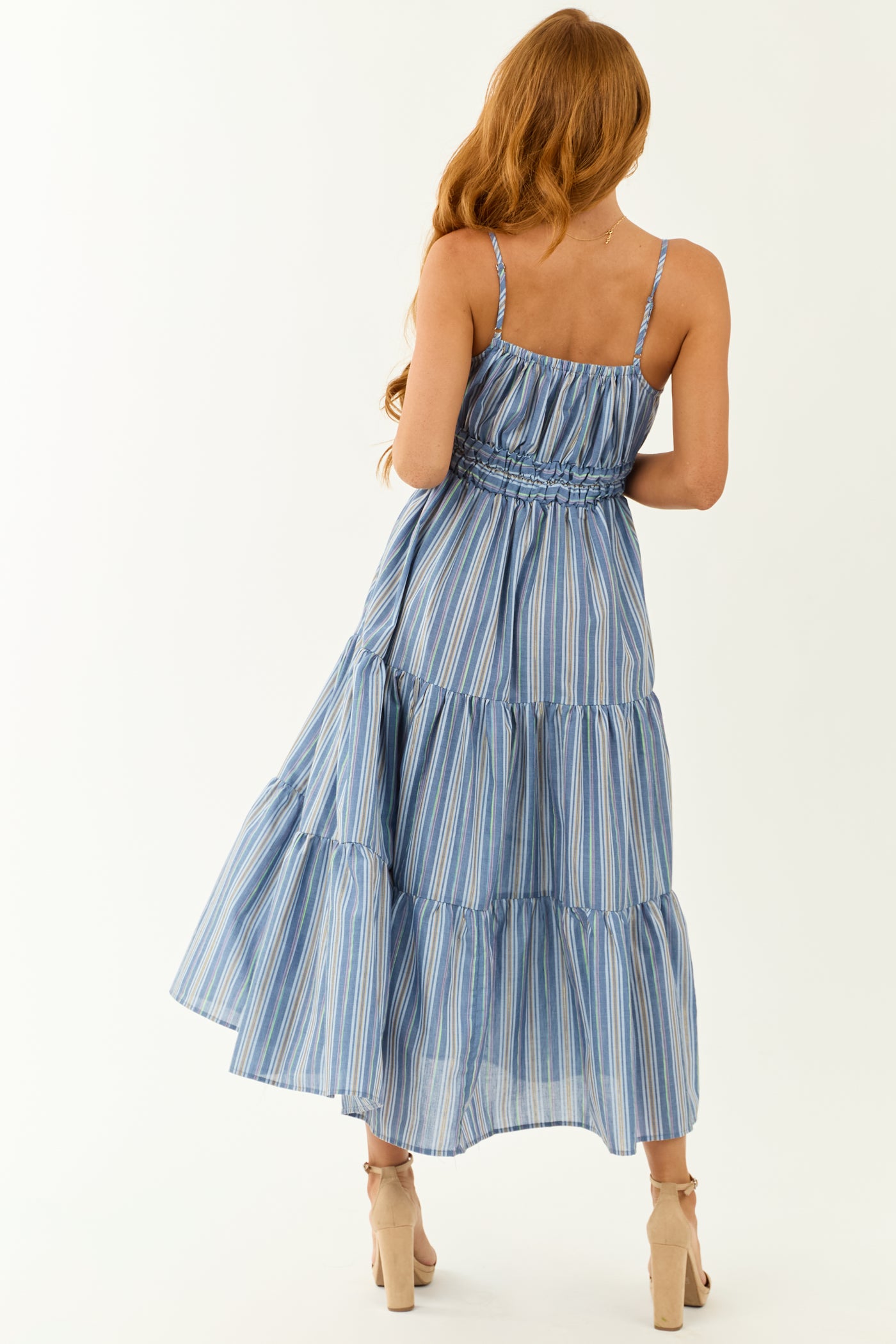 Flying Tomato Dusty Blue Striped Tiered Midi Dress