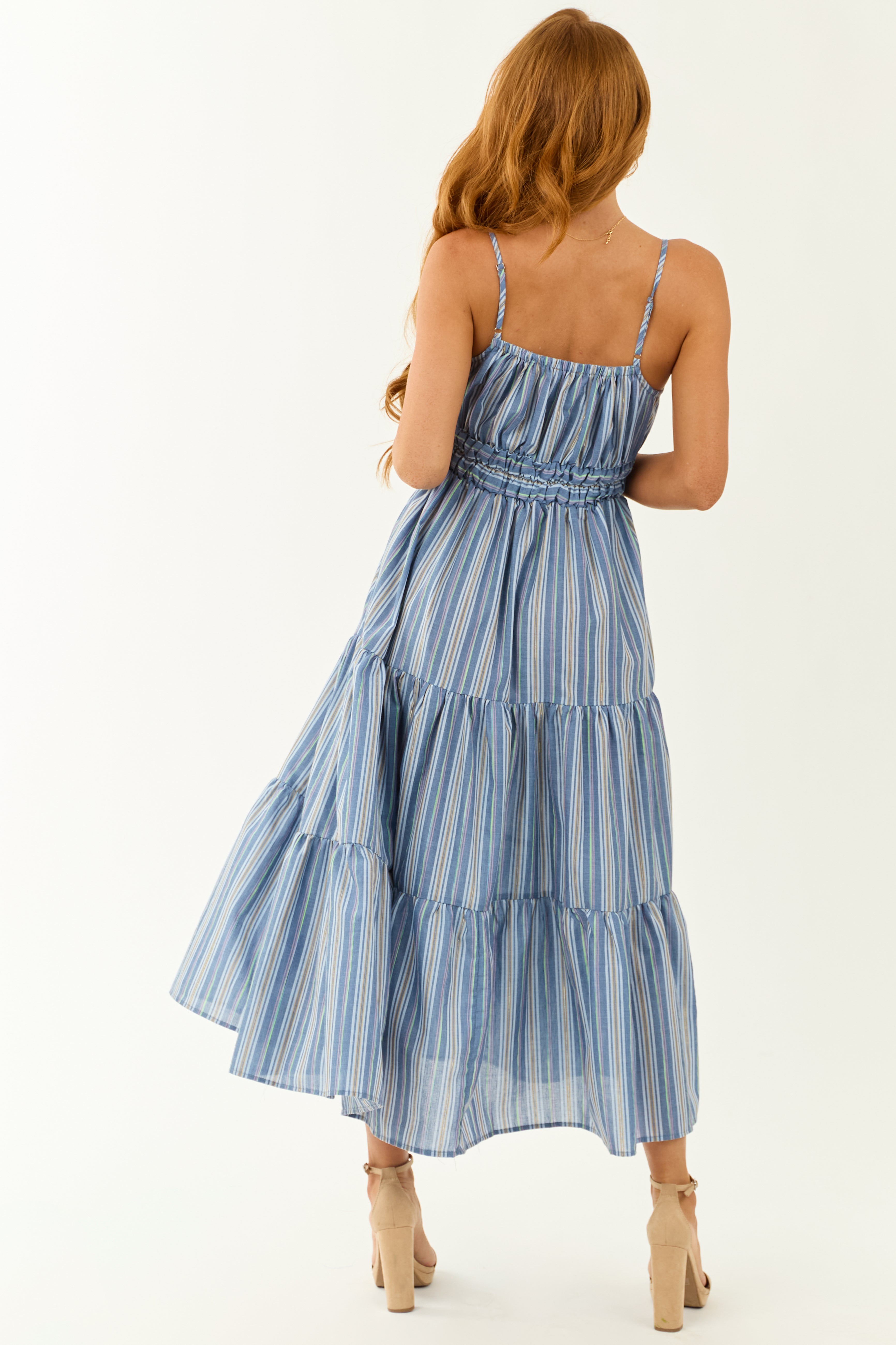 Flying Tomato Dusty Blue Striped Tiered Midi Dress