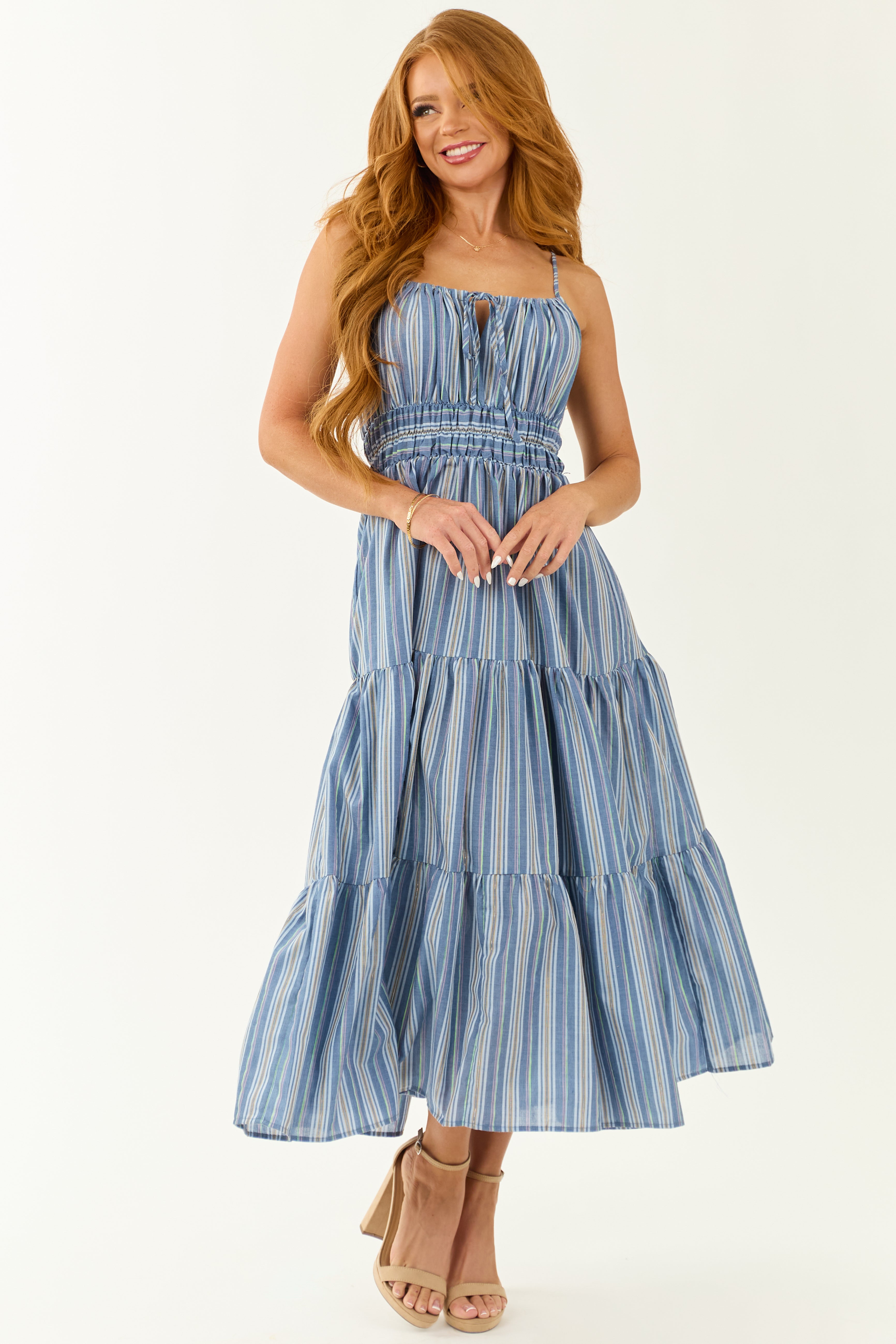 Flying Tomato Dusty Blue Striped Tiered Midi Dress