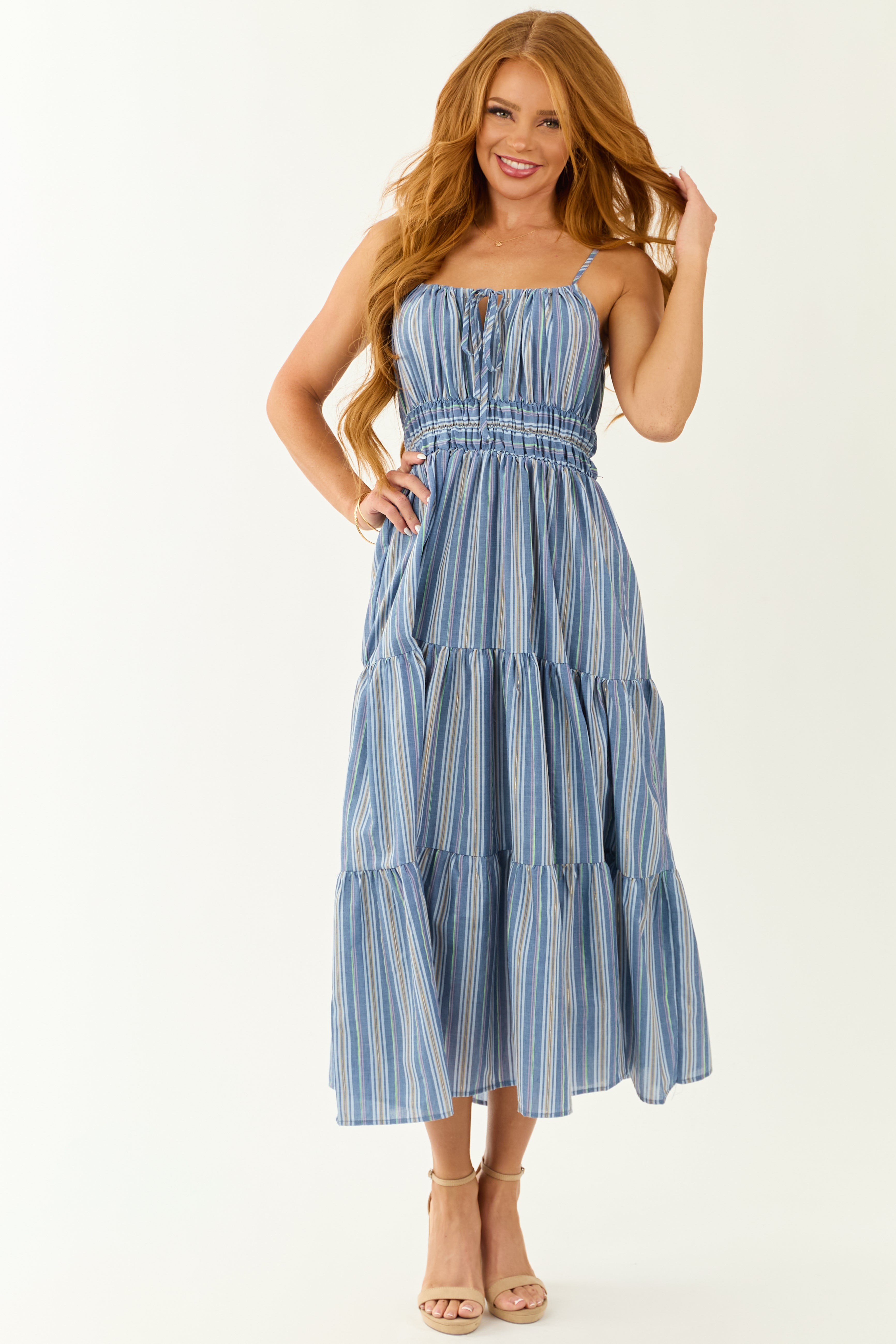 Flying Tomato Dusty Blue Striped Tiered Midi Dress
