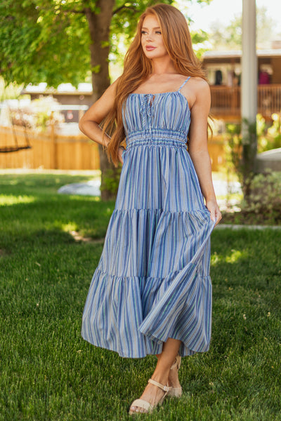 Flying Tomato Dusty Blue Striped Tiered Midi Dress