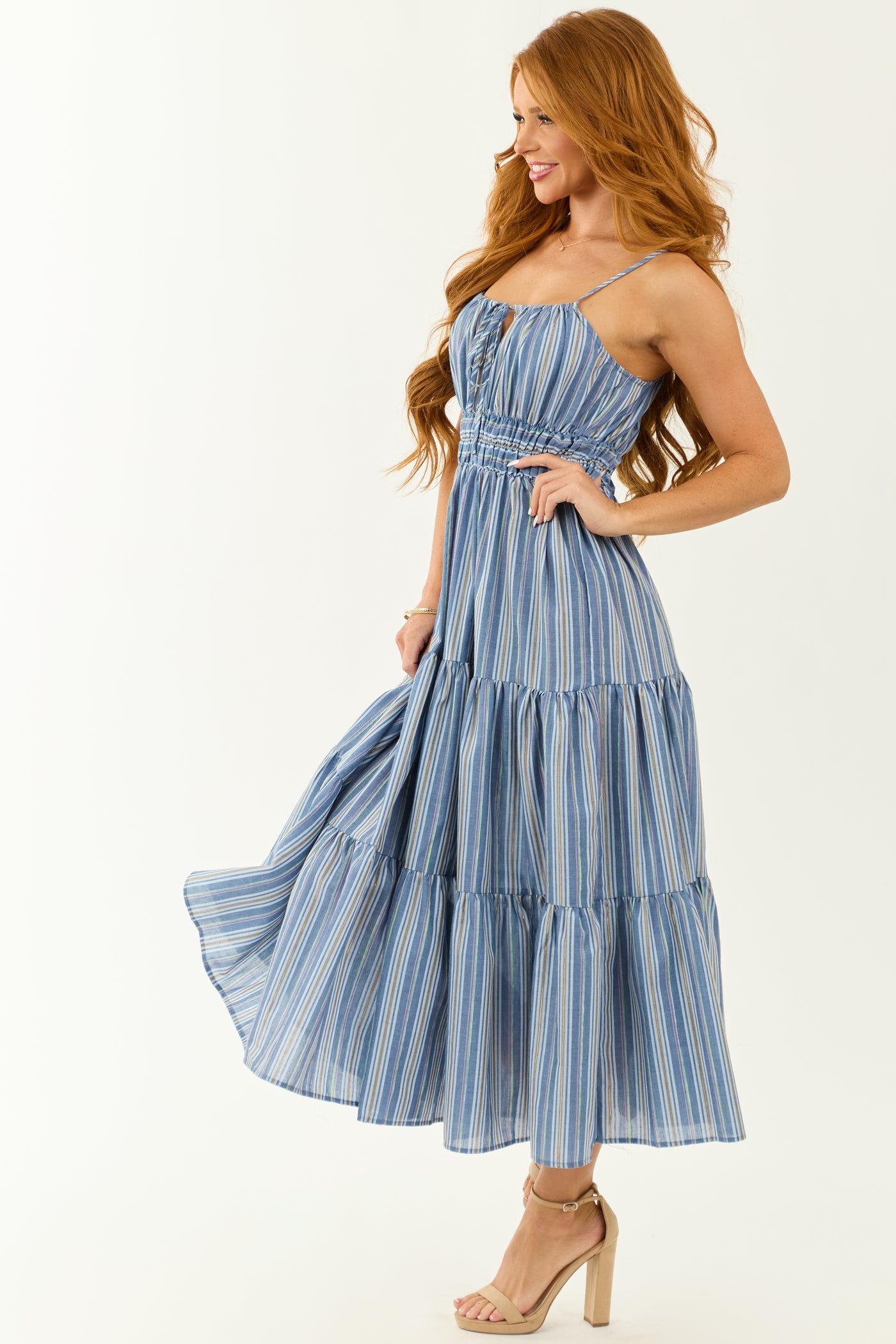 Flying Tomato Dusty Blue Striped Tiered Midi Dress