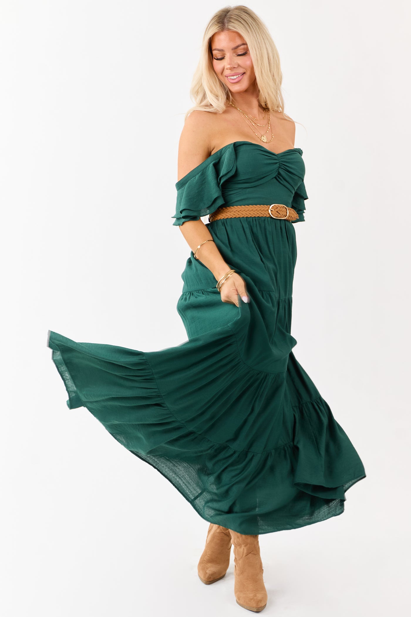 Flying Tomato Forest Green Tiered Maxi Dress
