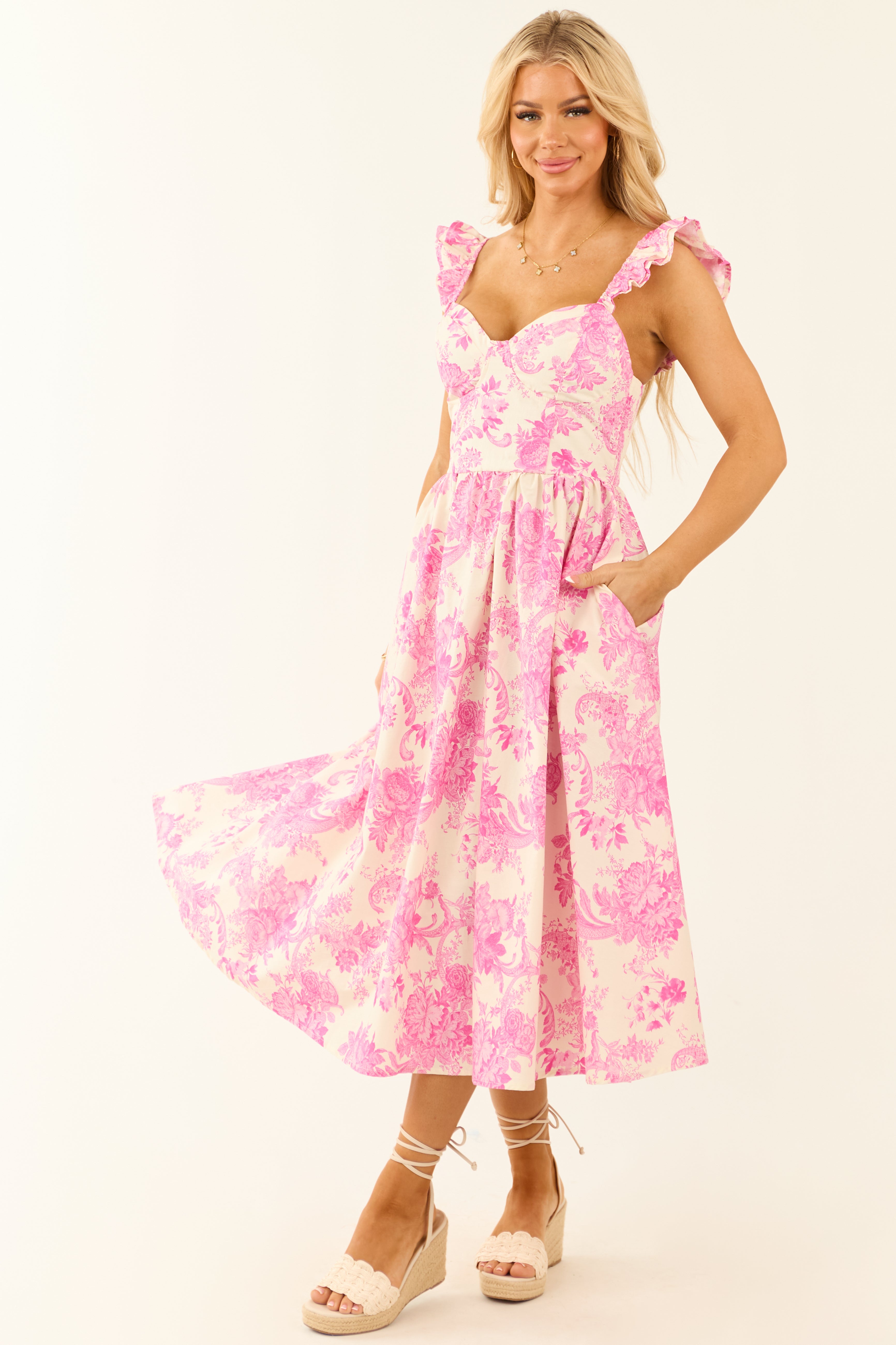 Flying Tomato Fuchsia Floral Ruffle Strap Midi Dress | Lime