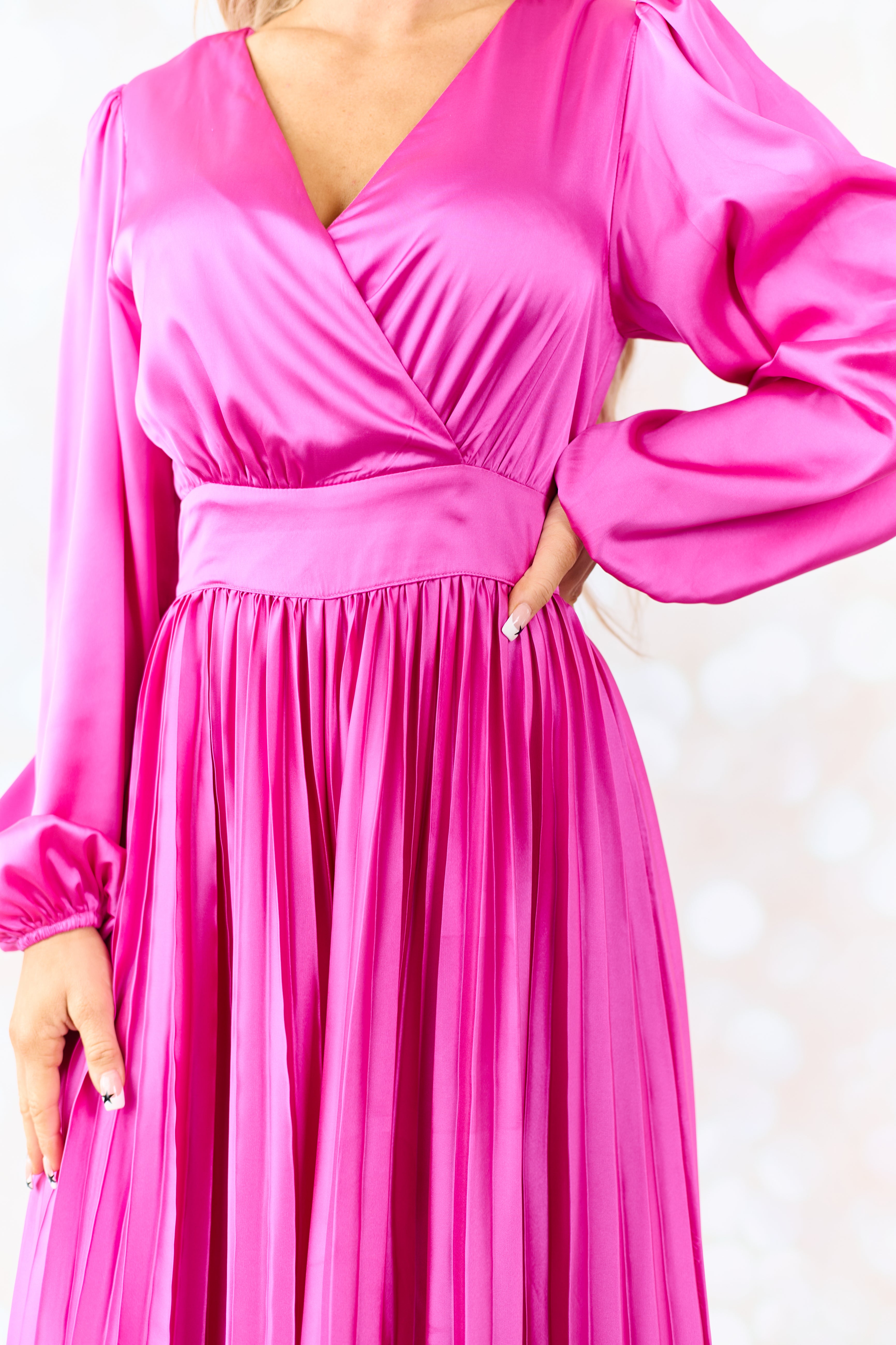 Flying Tomato Fuchsia Pleated Leg Long Puff Sleeve Jumpsuit
