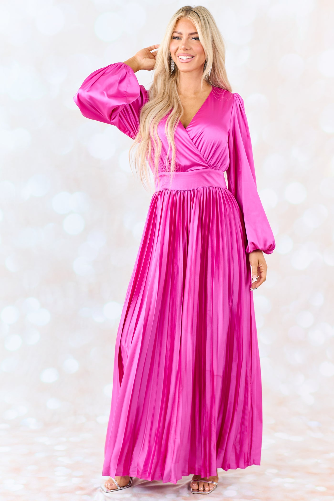 Flying Tomato Fuchsia Pleated Leg Long Puff Sleeve Jumpsuit