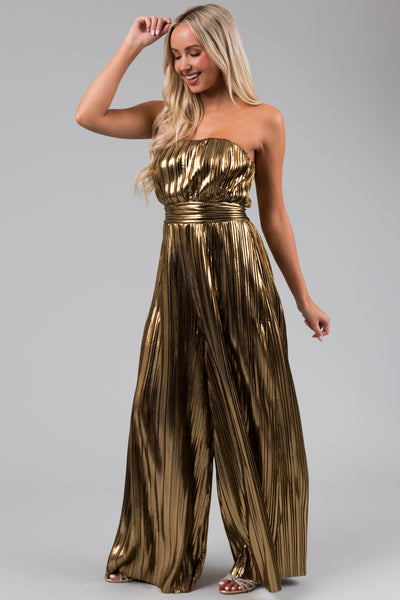 Flying Tomato Gold Plisse Strapless Jumpsuit
