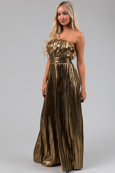 Flying Tomato Gold Plisse Strapless Jumpsuit